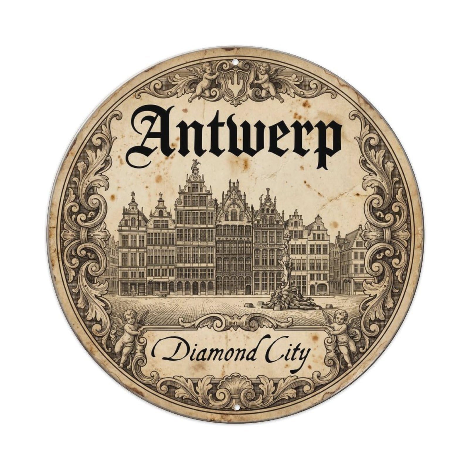 Yrnq Vintage Style Vintage Travel Antwerp Square Belgium Vintage Metal Tin Sign Plaque Wall Decor For Cafe, Club, Garden Round Metal Poster 8X8inch