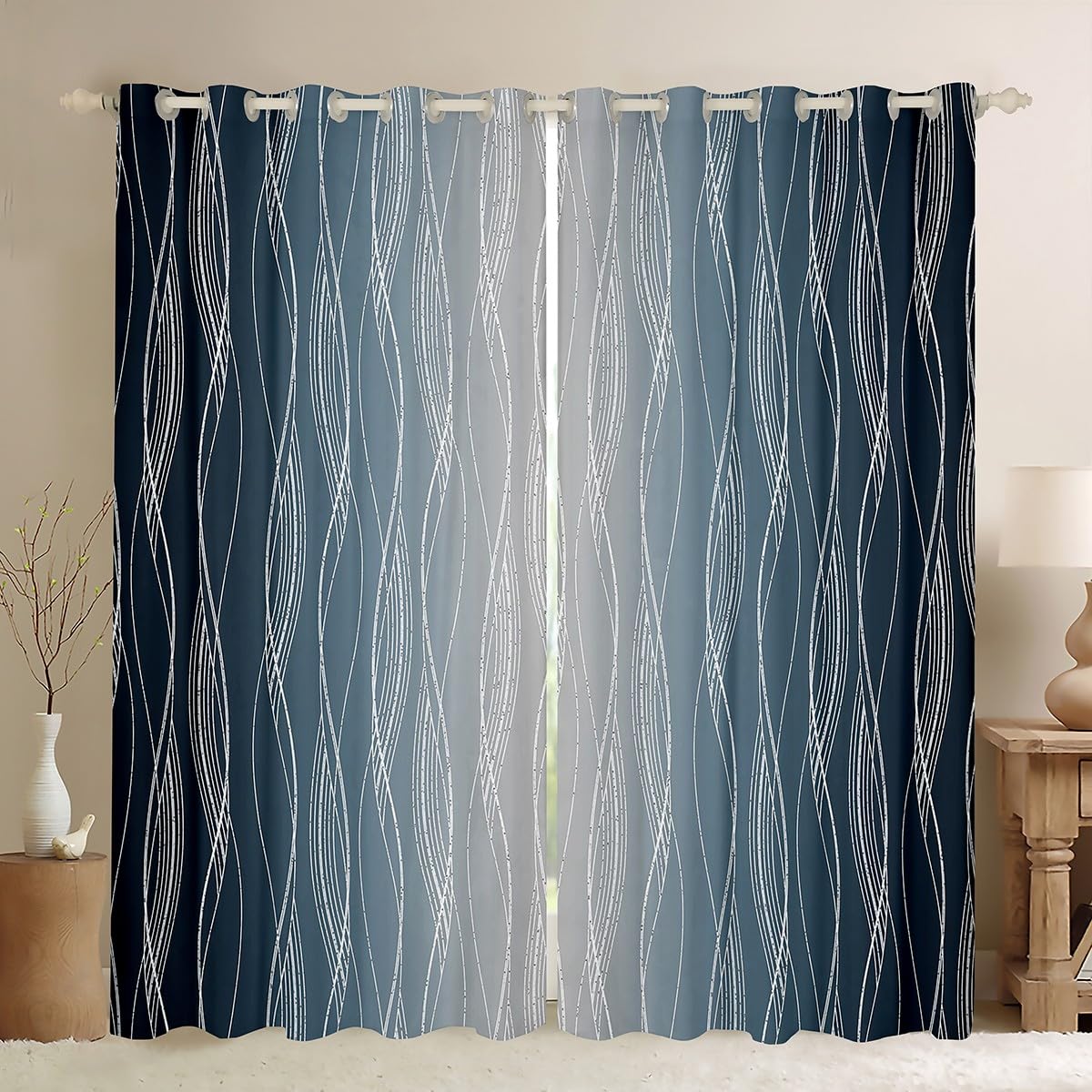 Homewish Navy Blue Greyish White Ombre Curtains & Drapes Geometric Gradient Window Curtains for Boys Bedroom 2 Panels 46" Wx54 L - Image 2