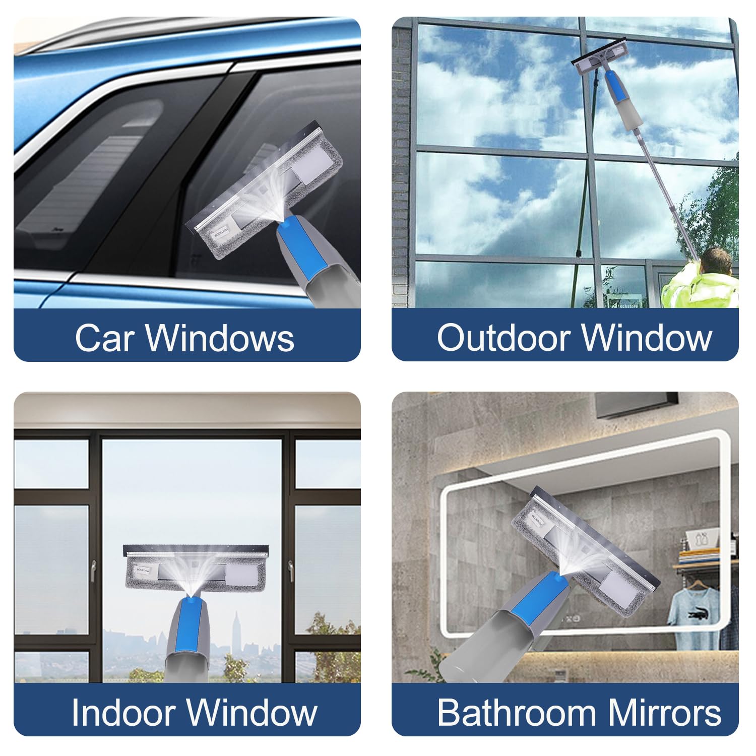 Herramienta Limpiacristales con Rociador, Kit de Limpieza 3 en 1 con Poste de Extensión, Rasqueta de Cristal Profesional de 190cm con 3 Paños de Microfibra para Automóviles y Ventanas Exteriores Altas