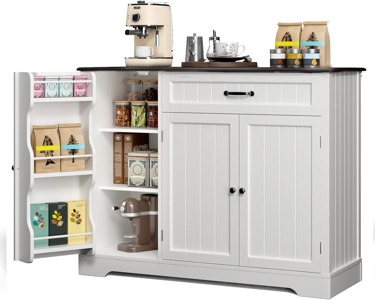 Gizoon Kitchen Coffee Bar Cabinet with Storage Kitchen Sideboard Buffet Cabinet with Drawers, Short Pantry with Door and Shelves for Bathroom and Living Room, White and Black