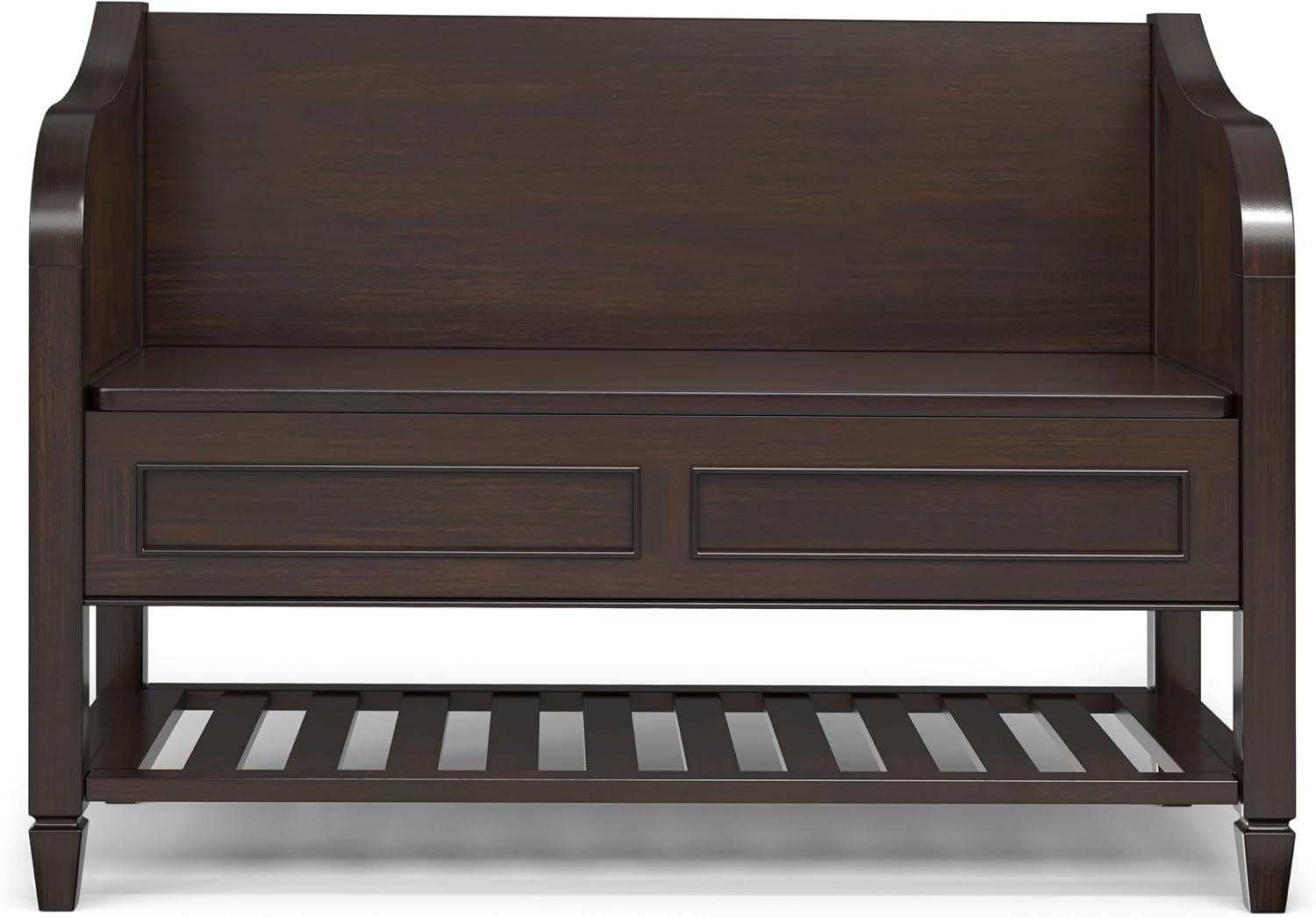 SIMPLIHOME Connaught SOLID WOOD 42 inch Wide Traditional Entryway Storage Bench with Shelf in Chestnut Brown for the Living Room, Entryway and Family Room