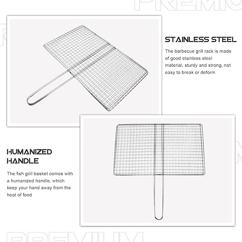 Miniatura 9 de Yardwe Cesta de parrilla de pescado de acero inoxidable para barbacoa, cesta de parrilla de barbacoa, red de alambre con asa para pescado, carne,
