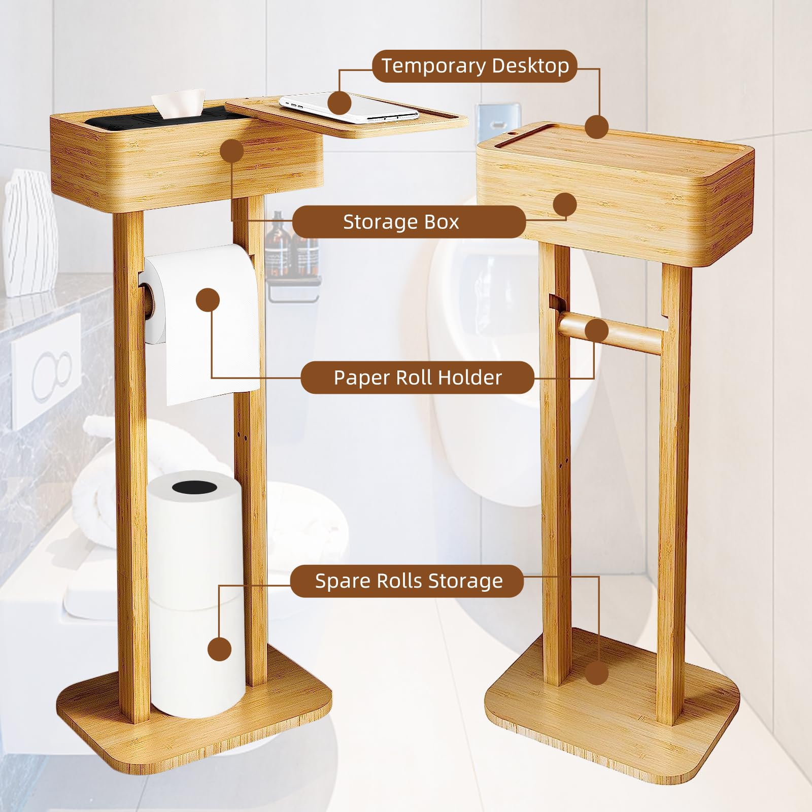 Soporte para rollo de papel higiénico 4 en 1 con caja de almacenamiento, soporte para rollo de papel higiénico de bambú independiente, rollo de papel higiénico, organizador dispensador de
