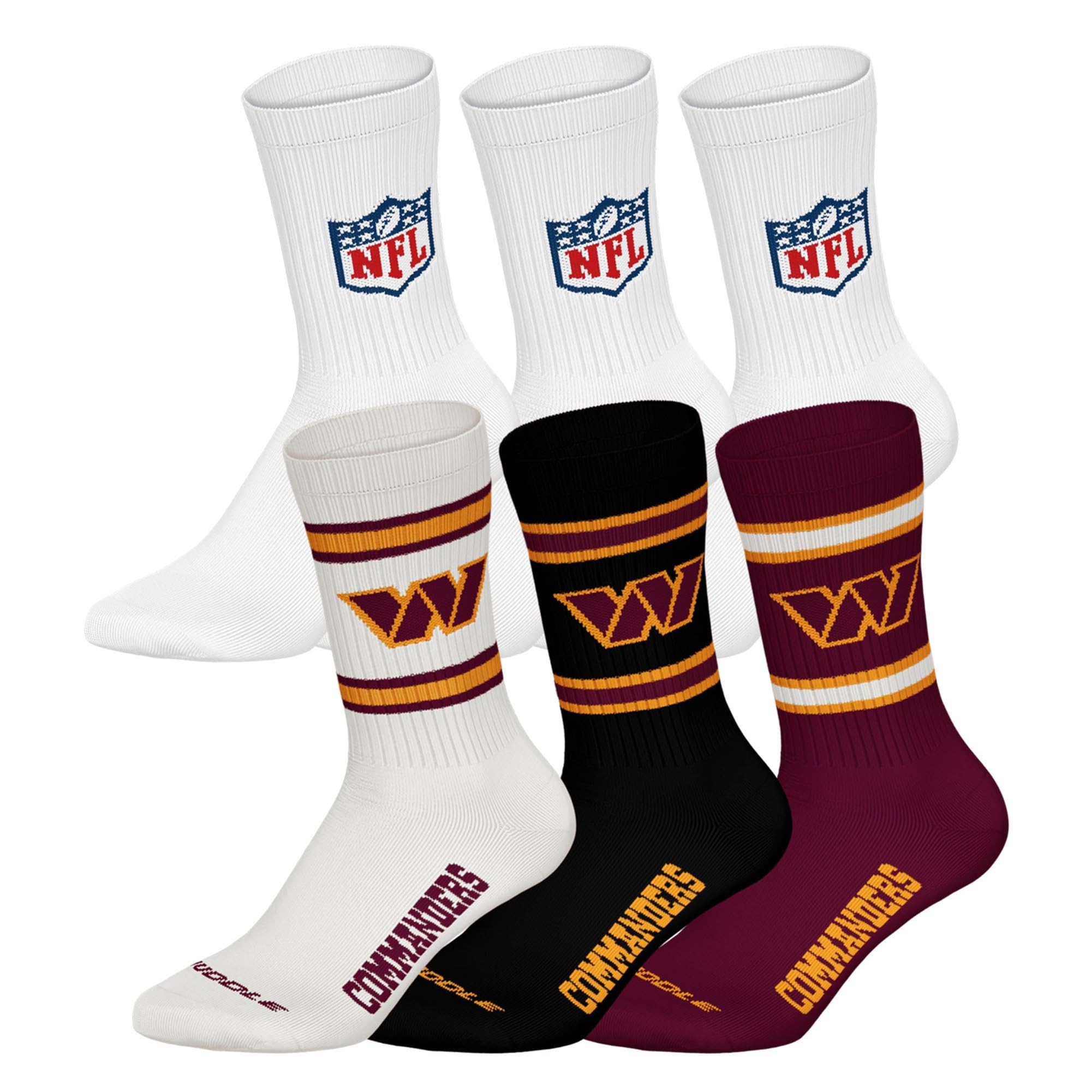NFL Unisex Team Crew Socks, Washington Commanders, White, 39-42, Pack of 6