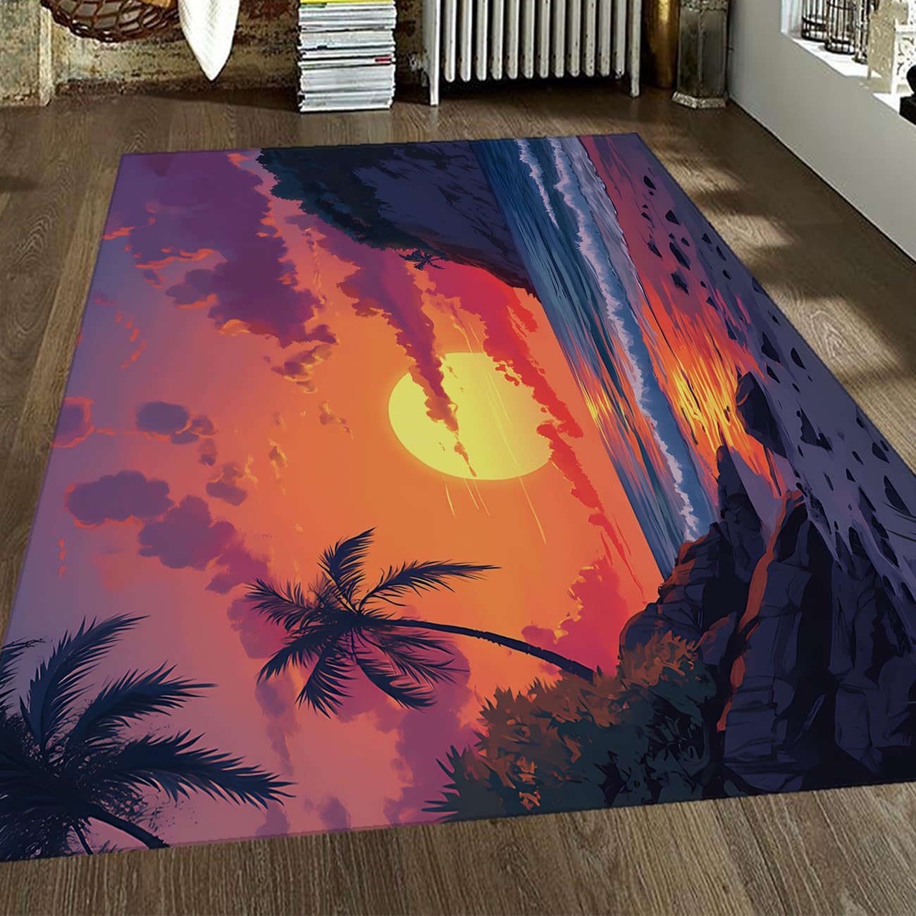 Tapis coucher soleil tropical lavable grand tapis flanelle antidérapant ciel du soir pour salon