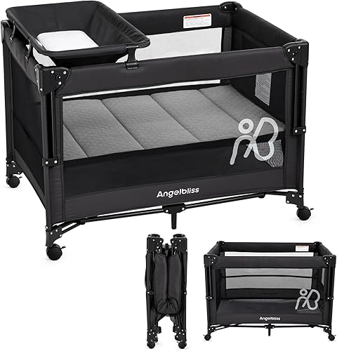 Cuna para bebé ANGELBLISS, moisés junto a la cama, Pack and Play con colchón, cambiador de pañales, configuración de un solo botón, corralitos desde
