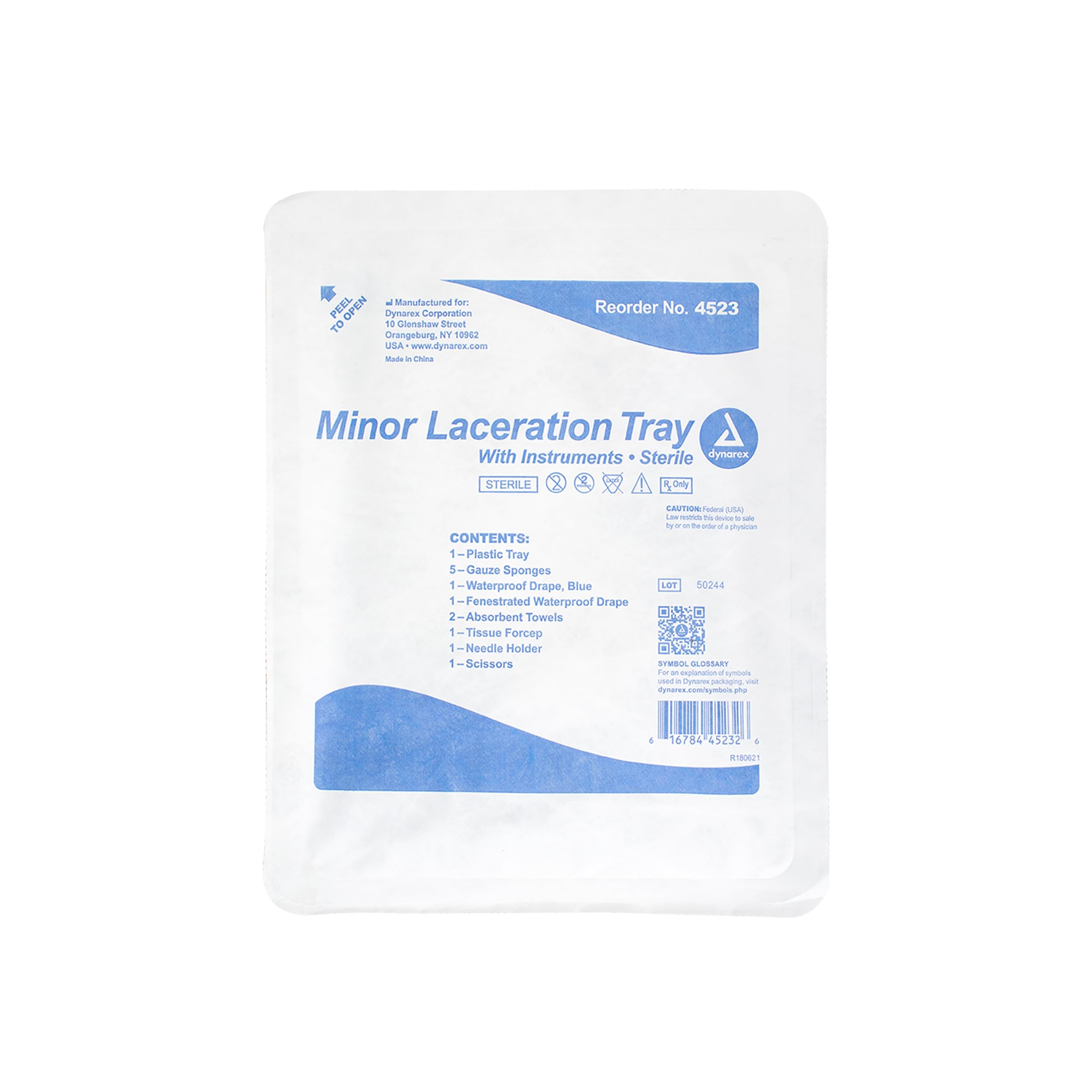 Dynarex Minor Laceration Trays with Instruments - Compact & Sterile - Tray, Gauze Sponges, Drape, Needle Holder, Towels, Forceps, Scissors - 1 Tray