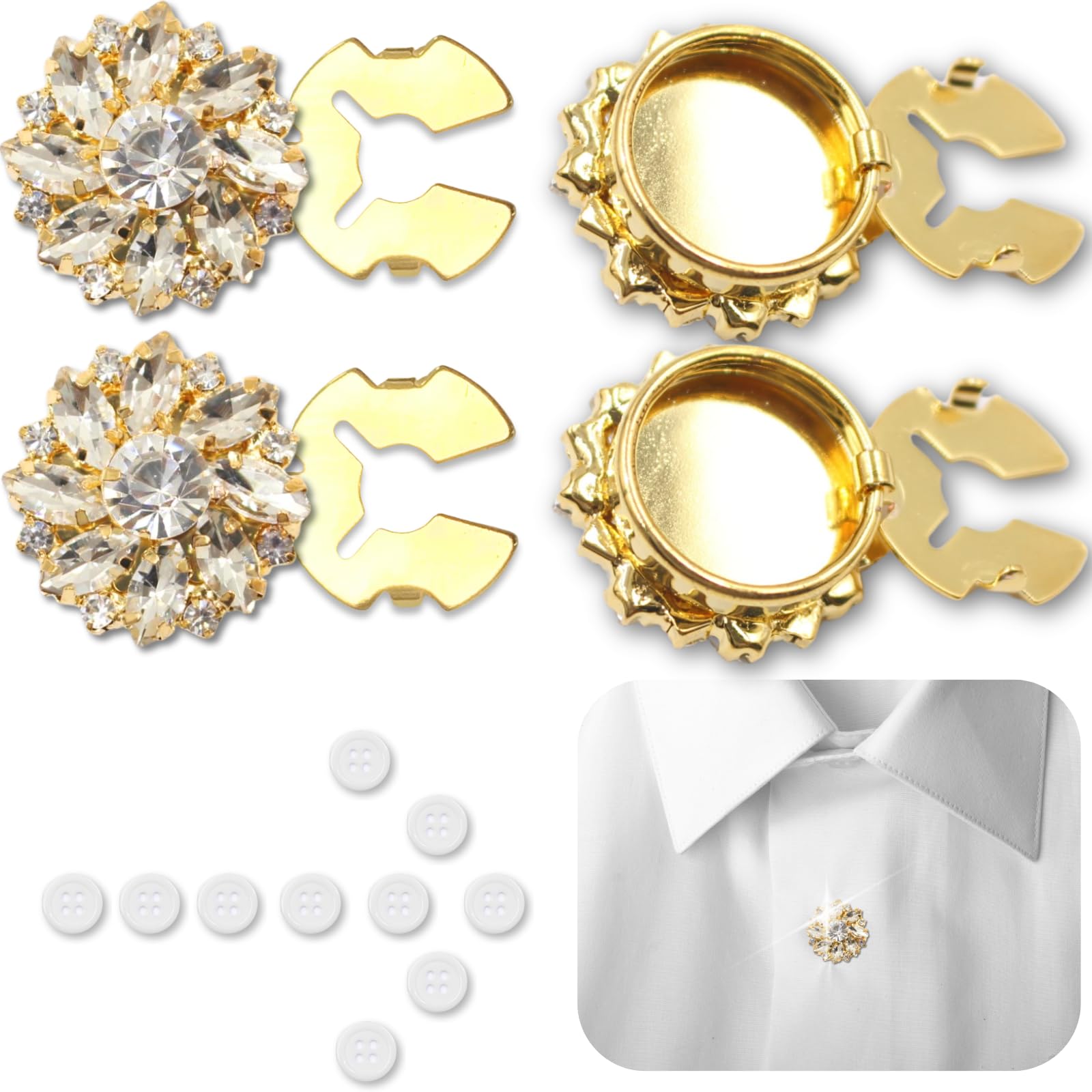 PEARLY JUN Button Covers for Women, 4 Pcs Sliver Rhinestone Crystal Flower Cuff Links Round Button Covers for Men Dress Shirts Suitable Sewing DIY