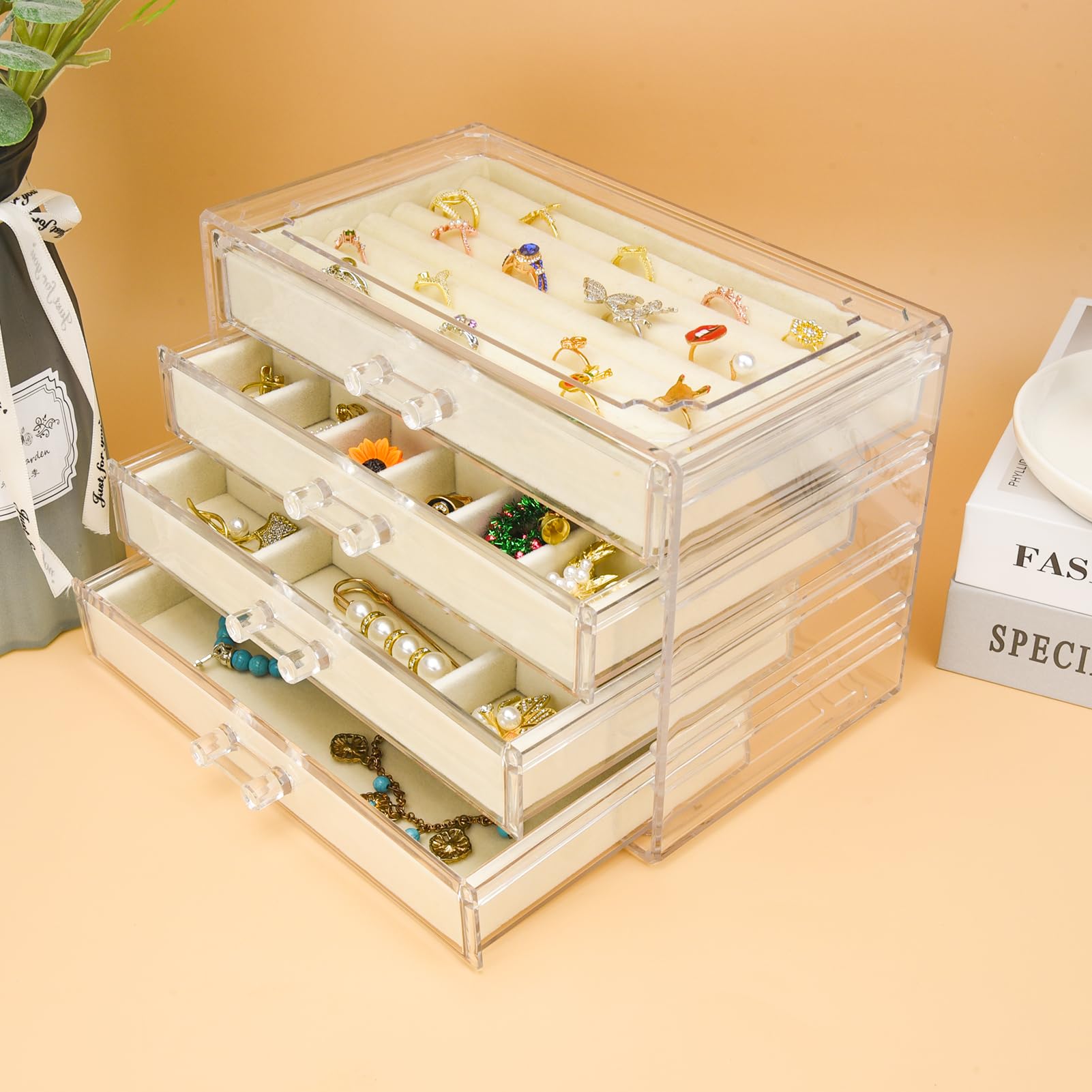 Weiai Organizador de joyas acrílico, caja de joyería transparente con 4 cajones, joyero de almacenamiento para mujer (beige)