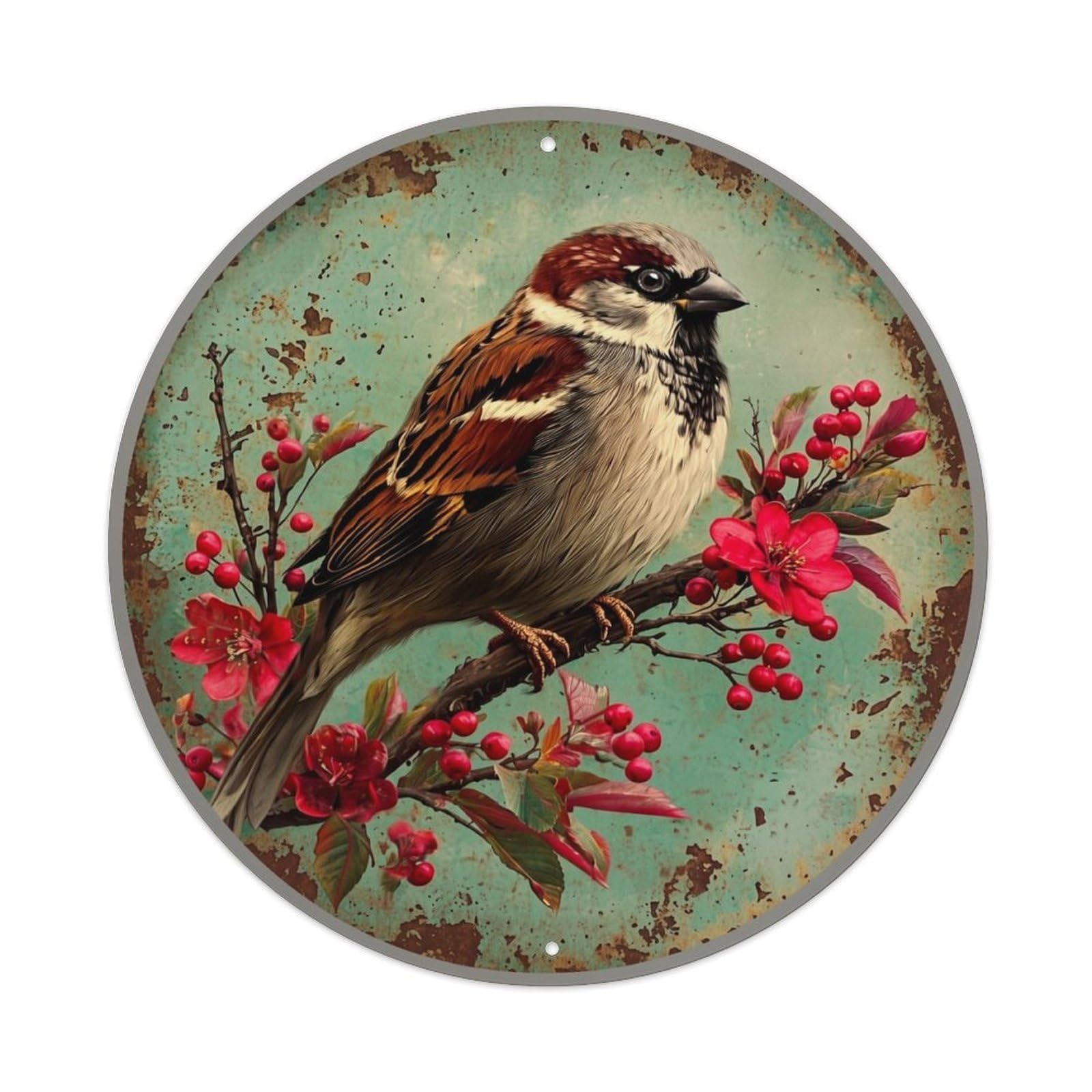 Jdyaojiesheng Vintage Sparrow Flower Berry Branch Rustic Round Tin Sign Retro Metal Wall Decor Metal Poster, Home Bar Garage Farmhouse Cafe Wall Art Decoration 8X8inch