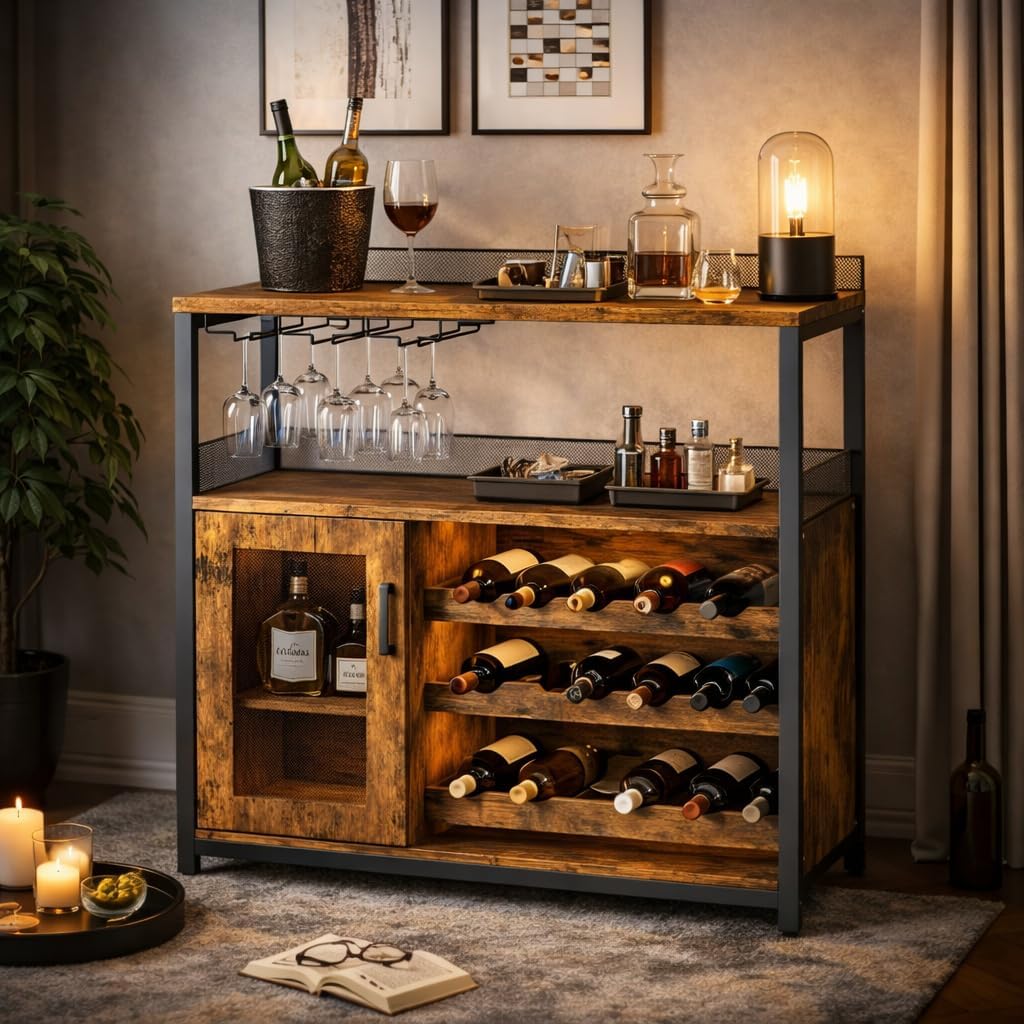 Wine Bar Cabinet with LED light, 3-Tier Removable wine rack cabinet glass holder, Mesh door adjustable shelf display cabinet bar, Waterproof metal frame buffet cabinet with storage bar cabinet, Retro