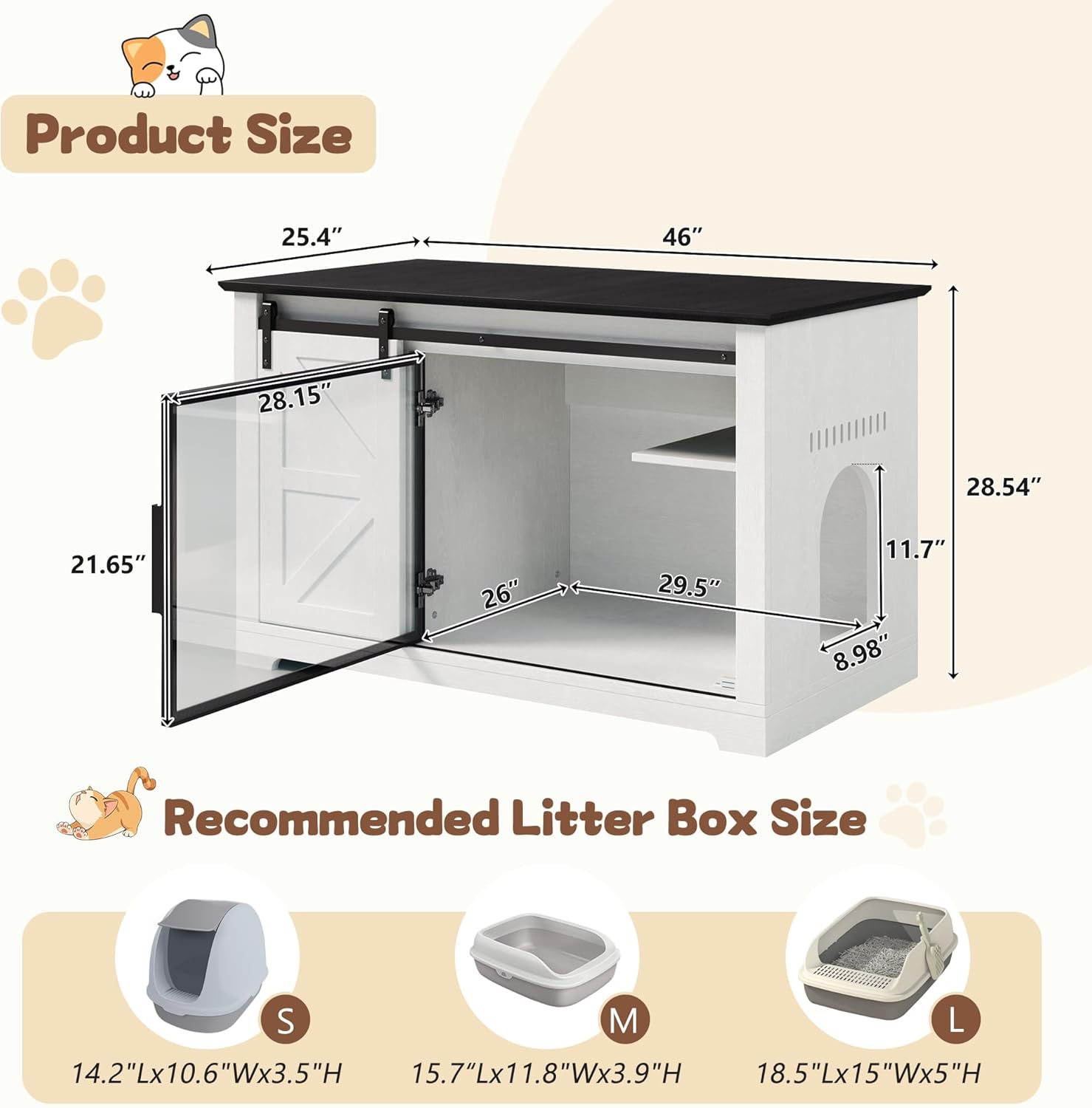 46 Inch Multi-Functional Hidden Cat Litter Box Enclosure with Sliding Barn Door & LED Light, Farmhouse Cat House with Acrylic Door & Storage Cabinet, Can Be Used as Nightstand or Side Table