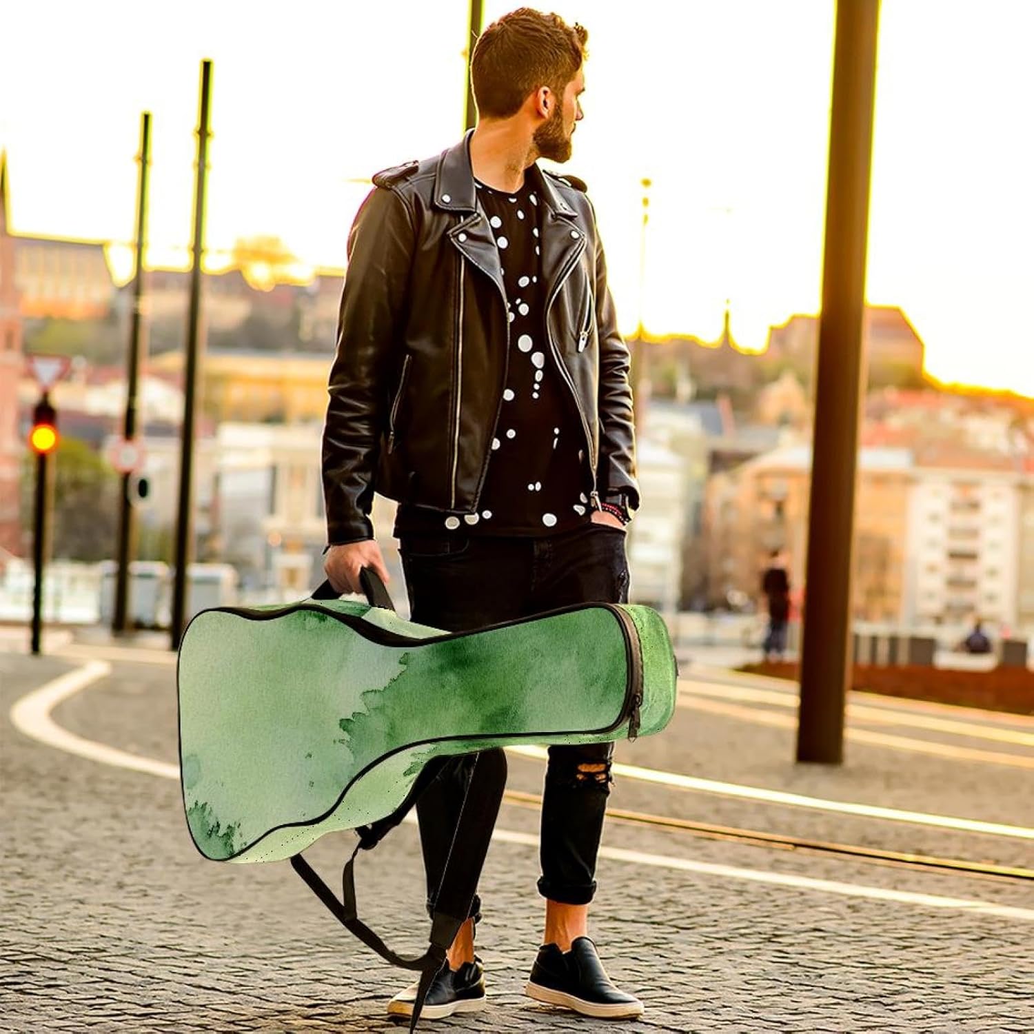 Acoustic Guitar Gig Bag 10mm Thick Padding, Soft Waterproof Guitar Case with Adjustable Backpack Straps for 40-42 Inch Guitar, Watercolor Sage Green Texture