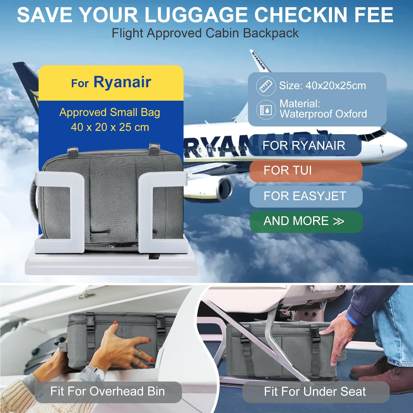 SZLX Zaino Ryanair 40x20x25 Donna Zaino da Viaggio Bagaglio a Mano 20L Uomo Borse da cabina 45x36x20 Easyjet Travel Backpack Adatto a laptop da 14 Pollici con scomparto per scarpe per Lavoro e Scuola