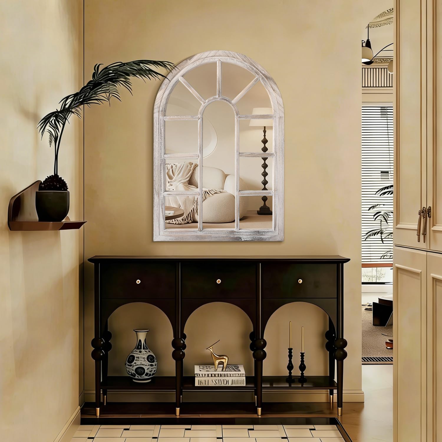 Espejo de arco, espejo de pared blanco, marco de madera grande, espejos decorativos de arte moderno para sala de estar, dormitorio y entrada, 70 x 50 cm, decoración del hogar