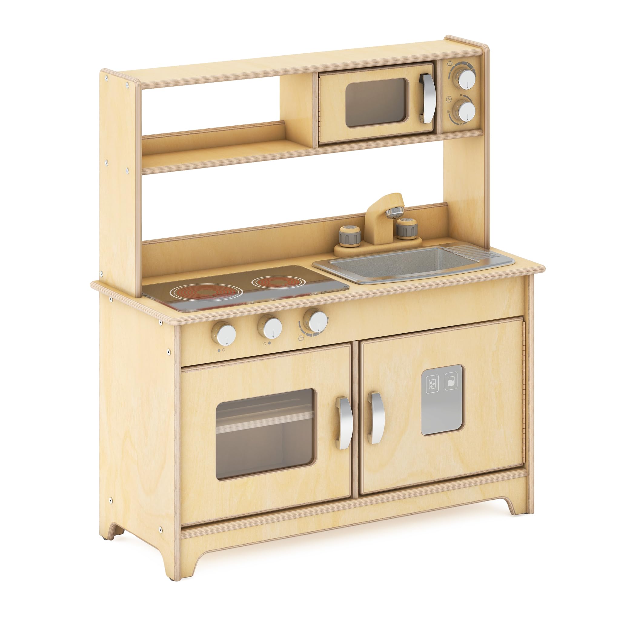 Guidecraft EdQ All-in-One Kids' Kitchen Playset - Natural: Wooden Pretend Play Toy w/Stove, Microwave, Oven & Sink | Realistic Faucet & Knobs, Kids' Dramatic Playset w/Cubby Shelves & Storage Bins