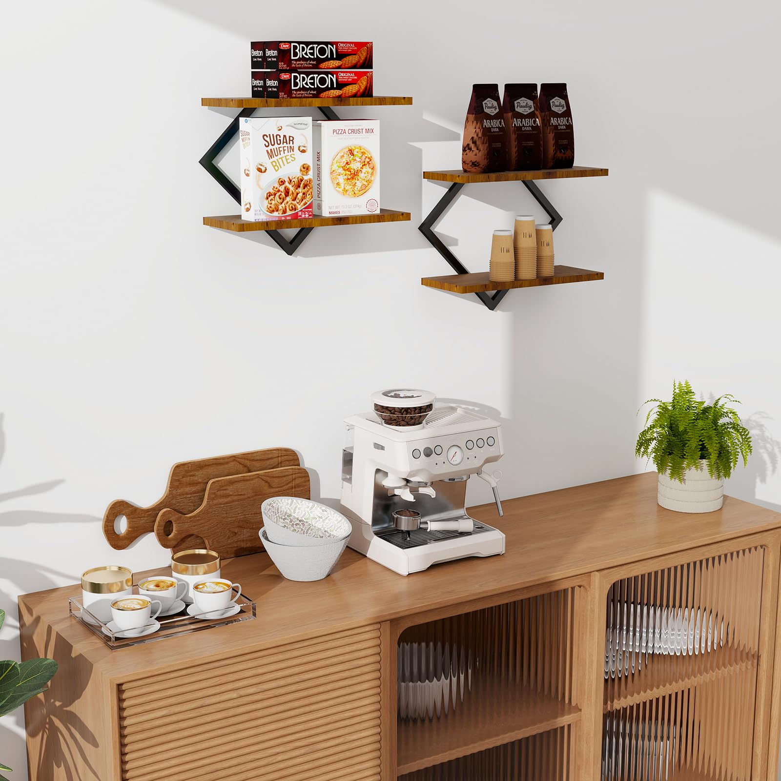 Estante Flotante 2 Niveles Madera y Metal, Resistente al Óxido y Moho, Estante Decorativo para Salón Cocina Baño Dormitorio, Ideal para Amas de Casa Inquilinos Amantes Almacenaje