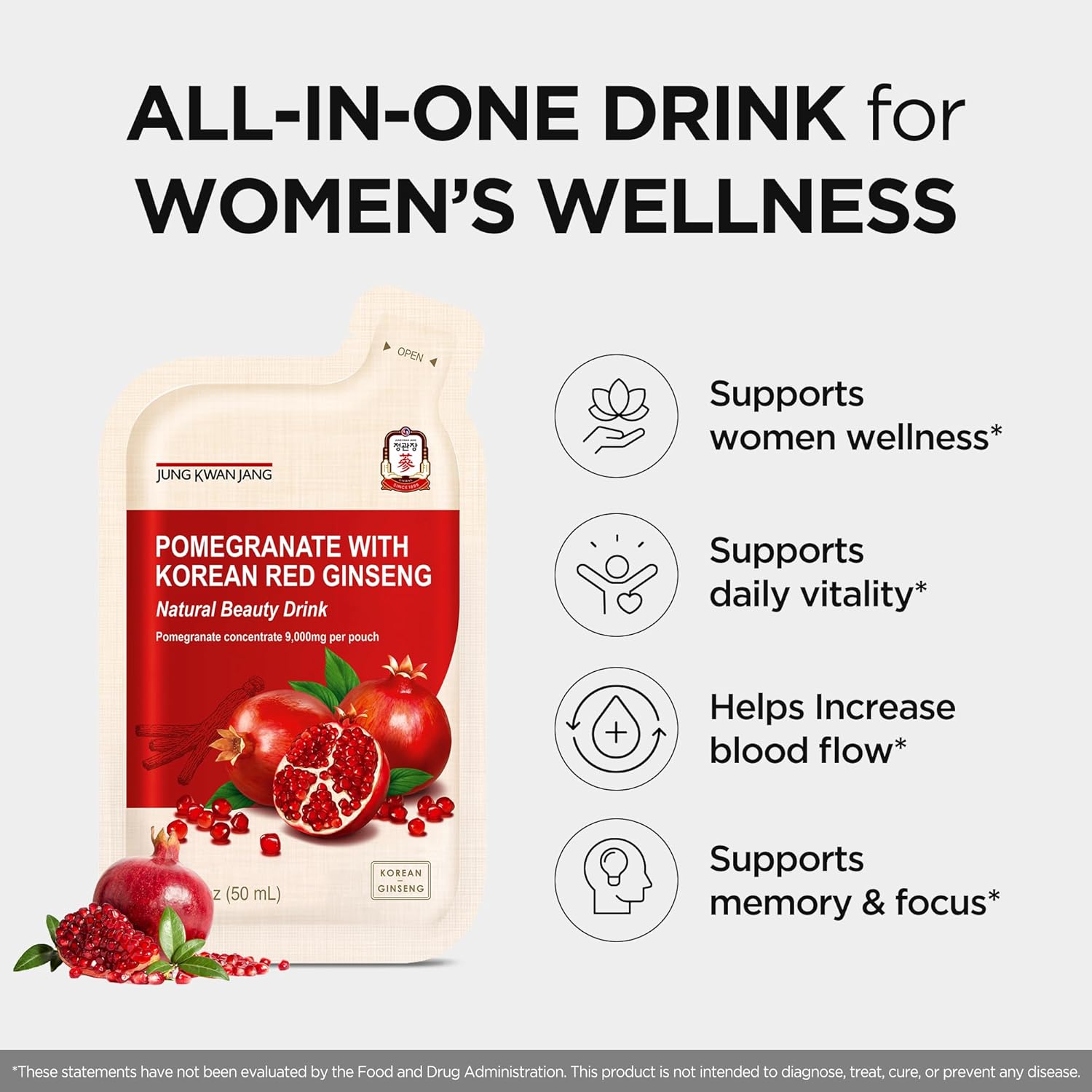 JUNG KWAN JANG Pomegranate with Korean Red Ginseng - Vegan Red Panax Ginseng Liquid Energy Drink with Natural Sweetness from Agave & Grape Extracts - No Caffeine, Non-GMO (20 Pouches, 1.69 fl oz)