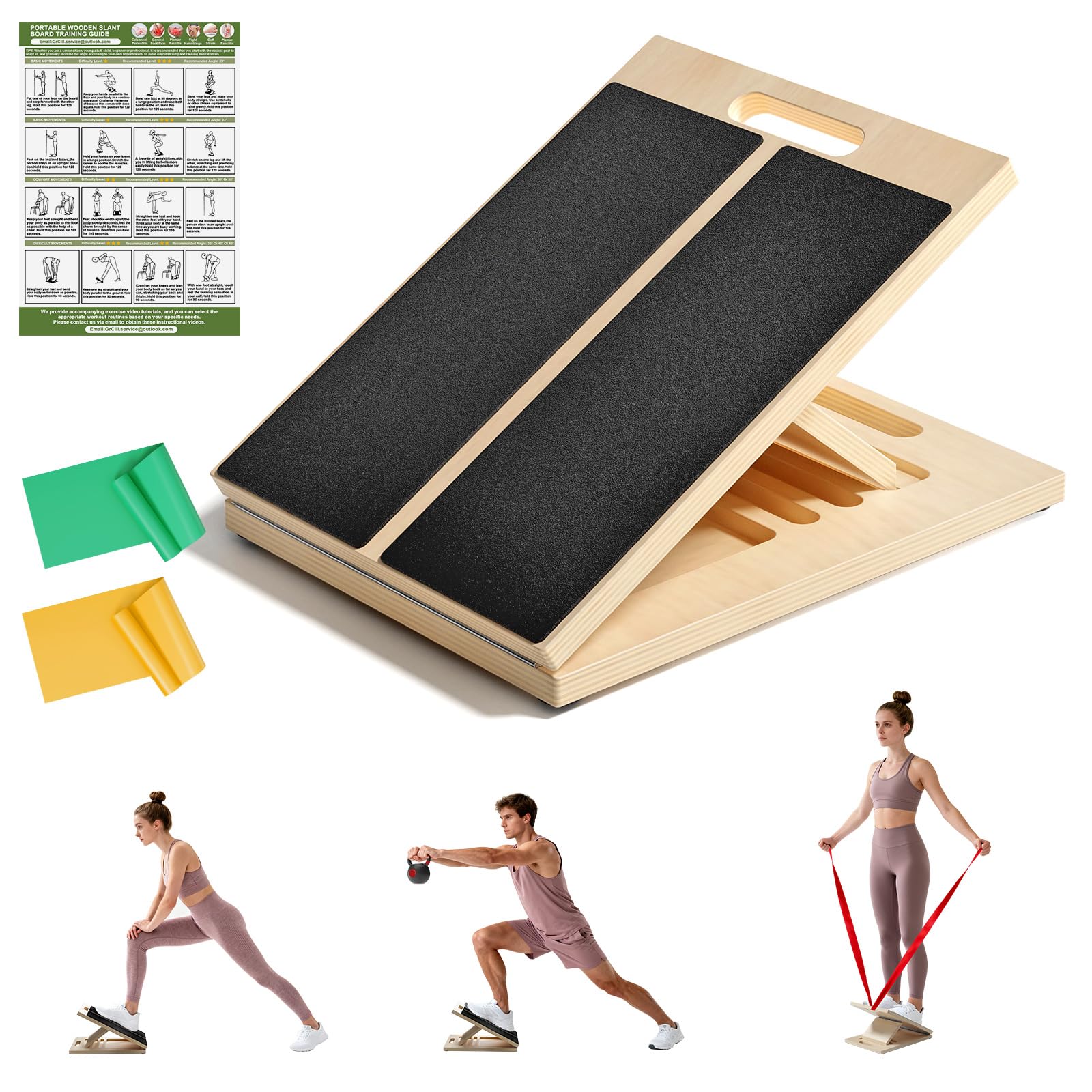 Slant Board for Calf Stretching, Adjustable Portable Wooden Board with 2 Resistance Bands & Training Poster,300 lbs Weight Capacity Calf Stretch Wedge for Legs, Knees & Flexibility Training