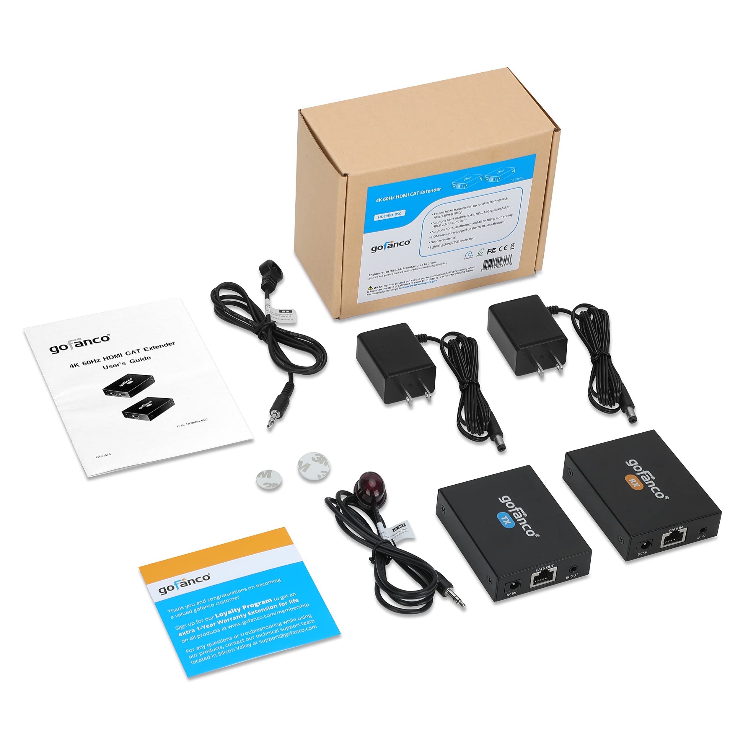gofanco Extender Balun HDMI 4K60Hz su Cat6/7 (HD20Ext-BSC) | Da 4K60 a 50 m o da 1080p a 230 piedi, HDR, 18 Gbps, HDCP 2.2, loopout, IR, audio 5.1, latenza quasi zero.