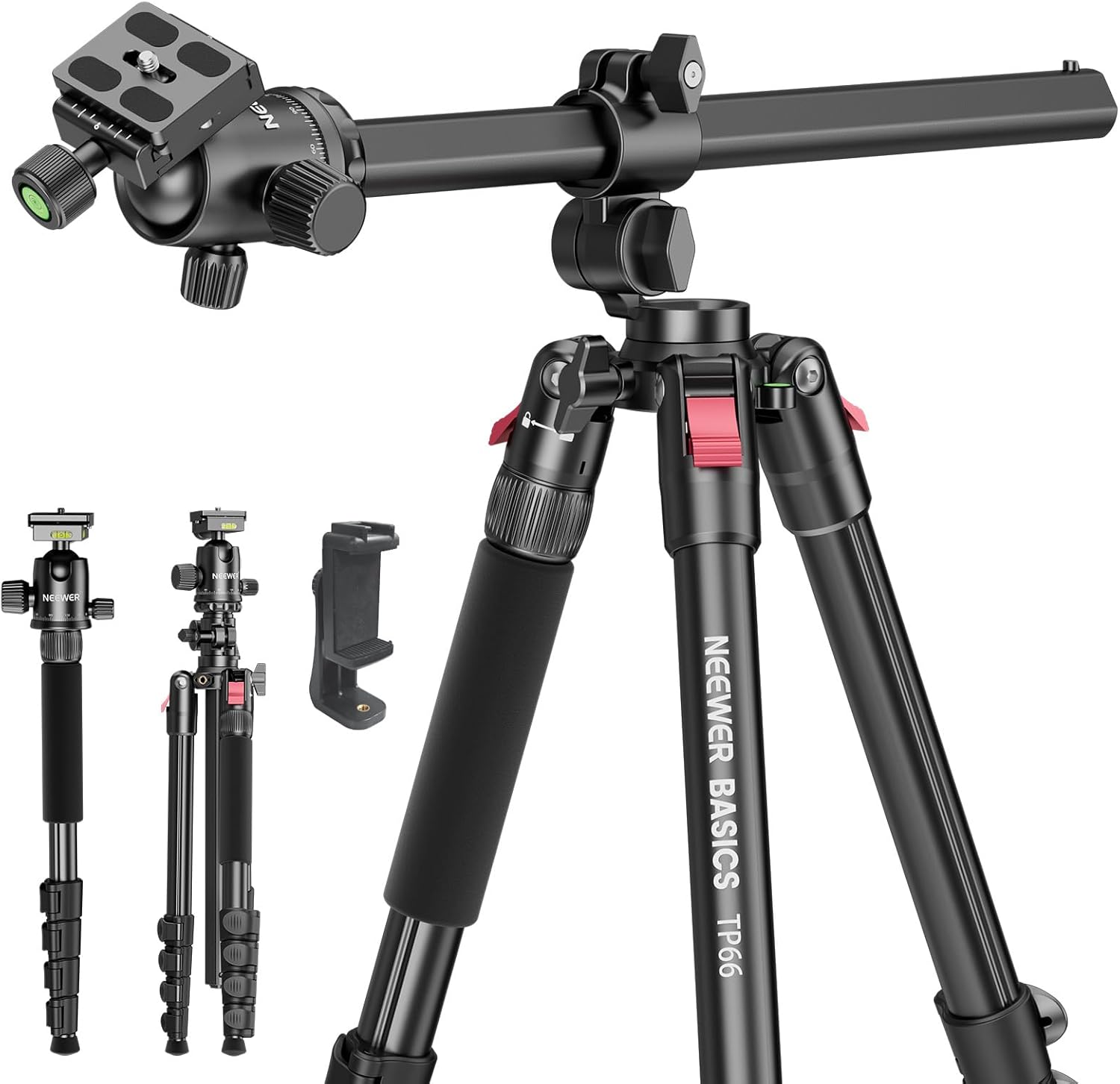 NEEWER Basics 64.5" Horizontal Overhead Tripod with Ball Head/Cell Phone Holder Compatible with iPhone Video Recording, Aluminum Travel Stand Camera Monopod, 360° Pan 180° Tilt 22lb/10kg Load, TP66