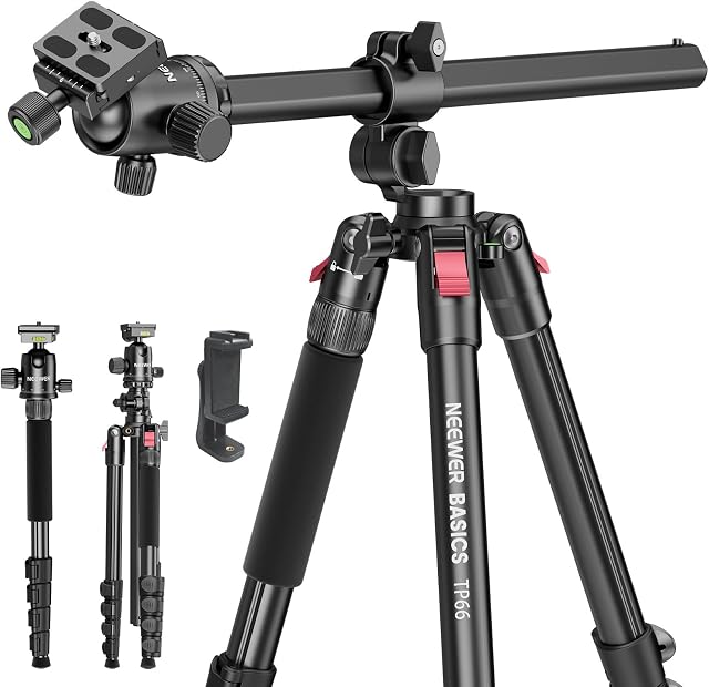 NEEWER Basics 64.5" Tripode horizontal avec tête de balle / porte-téléphone cellulaire Compatible avec iPhone Enregistrement vidéo, Monopod en aluminium pour appareil photo de voyage, 360° Pan 180° Tilt 22lb/10kg Chargez, TP66