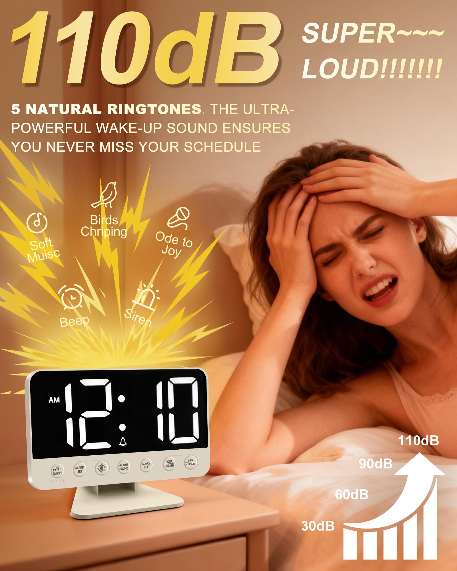 Reloj despertador digital para mesita de noche: reloj despertador fuerte para personas que duermen mucho, repetición, puerto USB, brillo/volumen ajustable, alimentación de red, 12/24 horas
