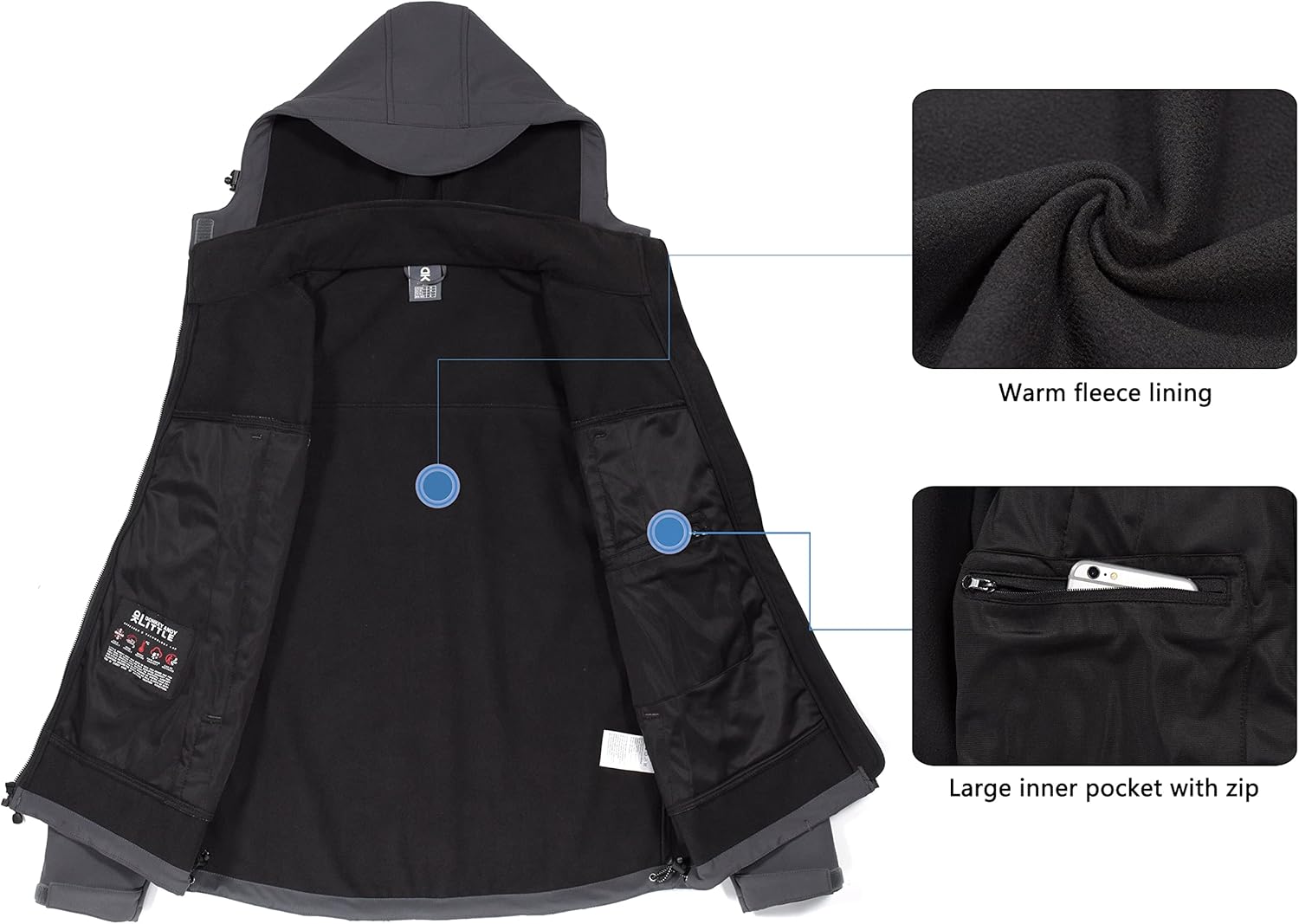 Little Donkey Andy Men's Waterproof Softshell Jacket with Detachable Sleeves and Hood, Fleece Mountain Ski Snow Rain Coat - Image 6