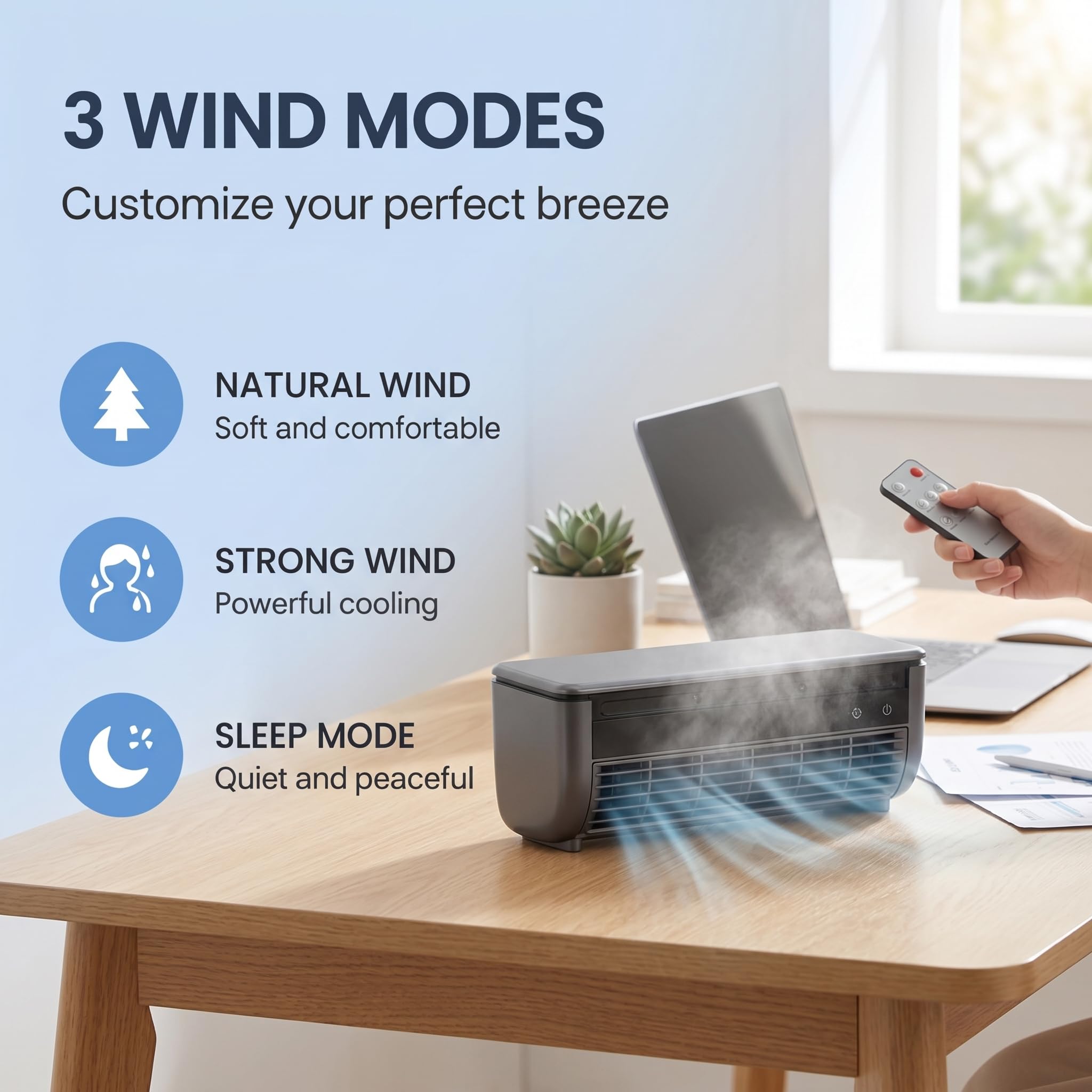 Ventilador nebulizador portátil de sobremesa y pared | 3 velocidades,batería 6000mAh recargable USB,pantalla táctil LED,mando a distancia,fijación pared sin taladrar