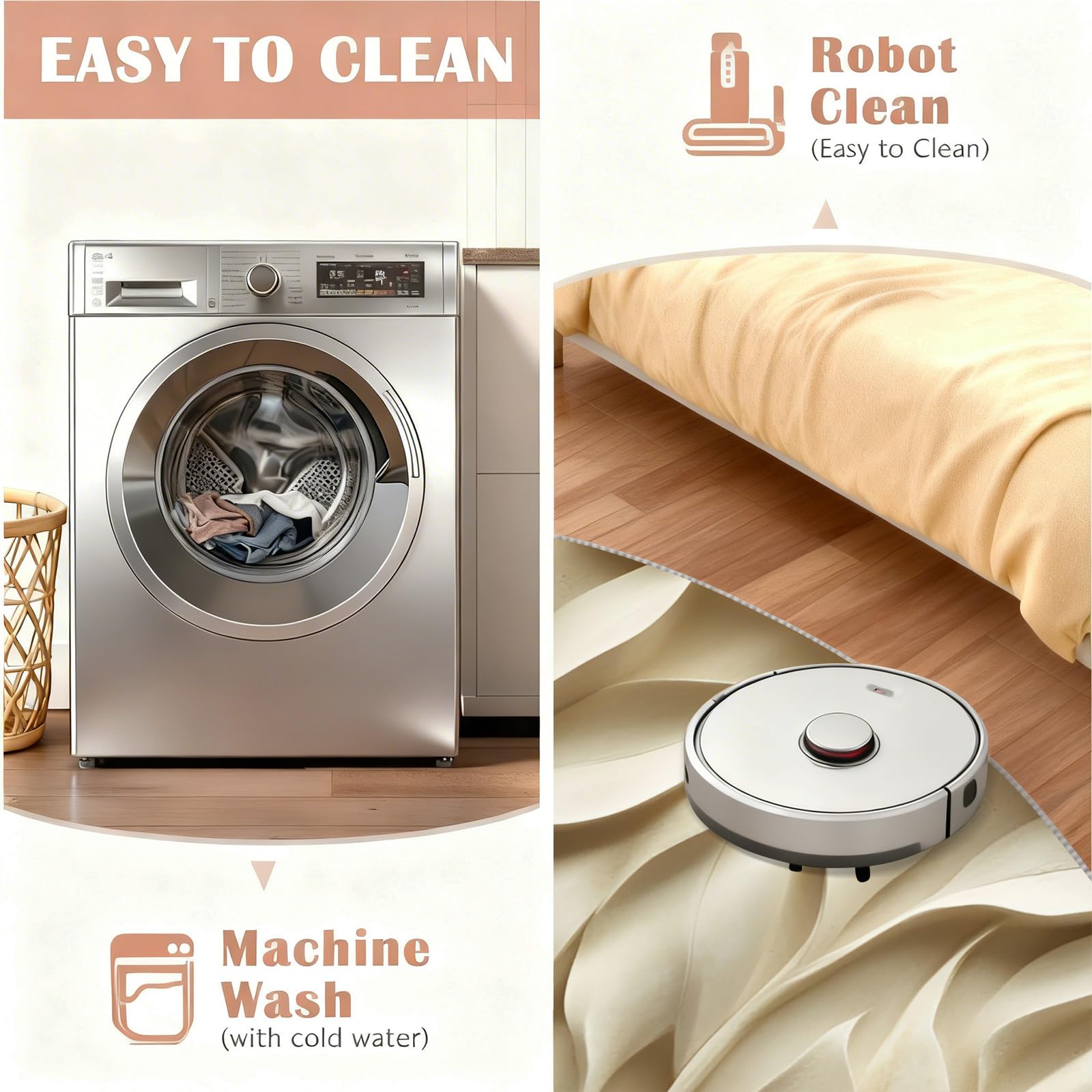 Runder Teppich mit 3D-Blättern, 18 cm, Beige | Minimalistische Teppiche für Esszimmer, weicher niedriger Flor, waschbar, moderne Flurdekoration, Teppiche und Bodenteppich
