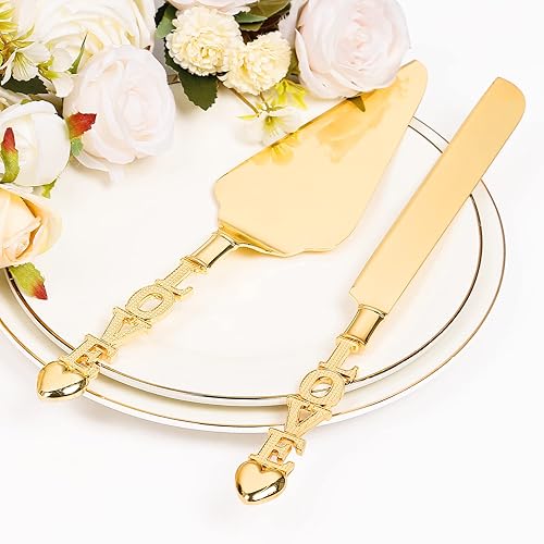 Juego de cuchillo y servidor para boda, juego de corte de pastel dorado, elegante juego de cortadores de cuchillos para tartas, servidores de