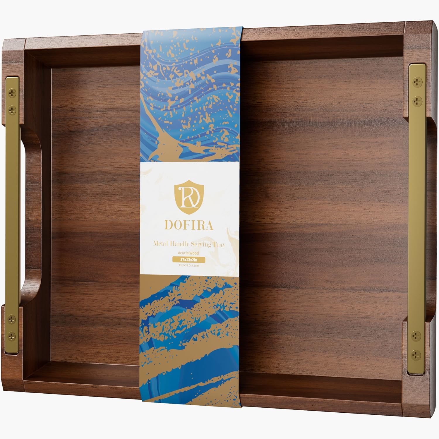 Acacia Wood Serving Tray with Metal Handles, 17x13in Large Ottoman Tray, Food Drinks Tray for Coffee Table, Breakfast, Dinner & Bar, Rustic Decorative Tray for Kitchen, Bedroom Gift Box