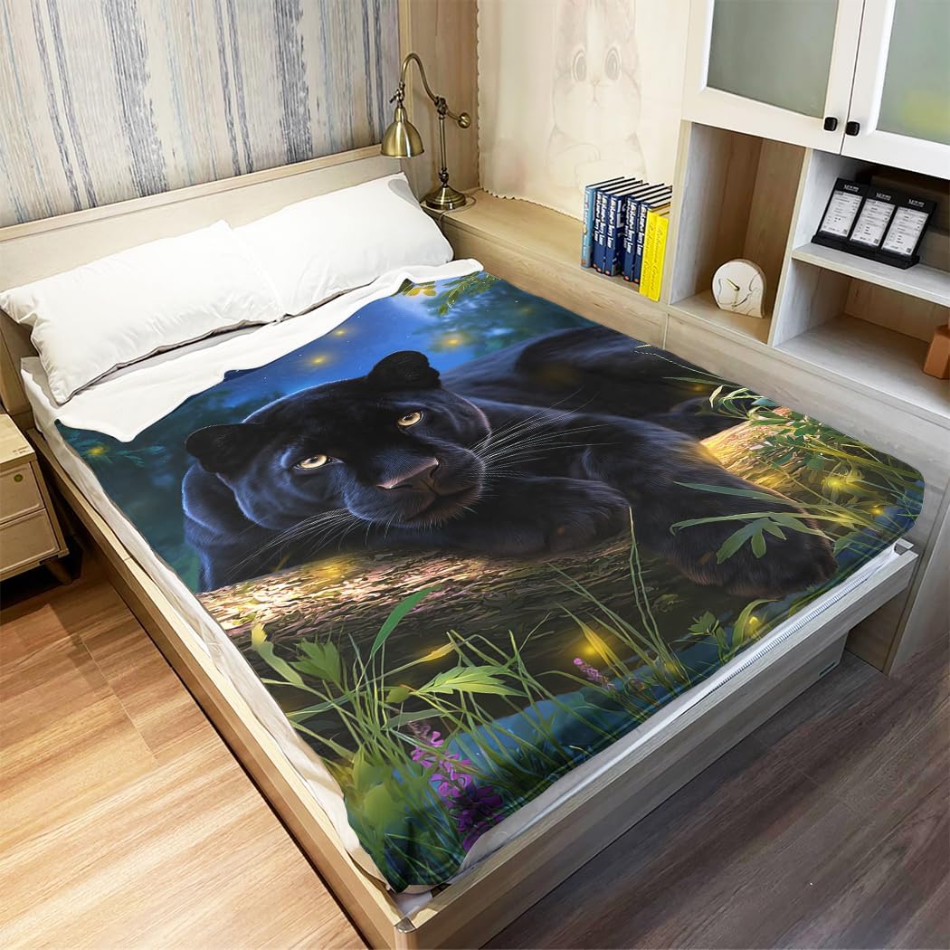 60"x80" Night Jungle Panther Blanket, Soft Cozy Fleece for Couch Sofa Bed