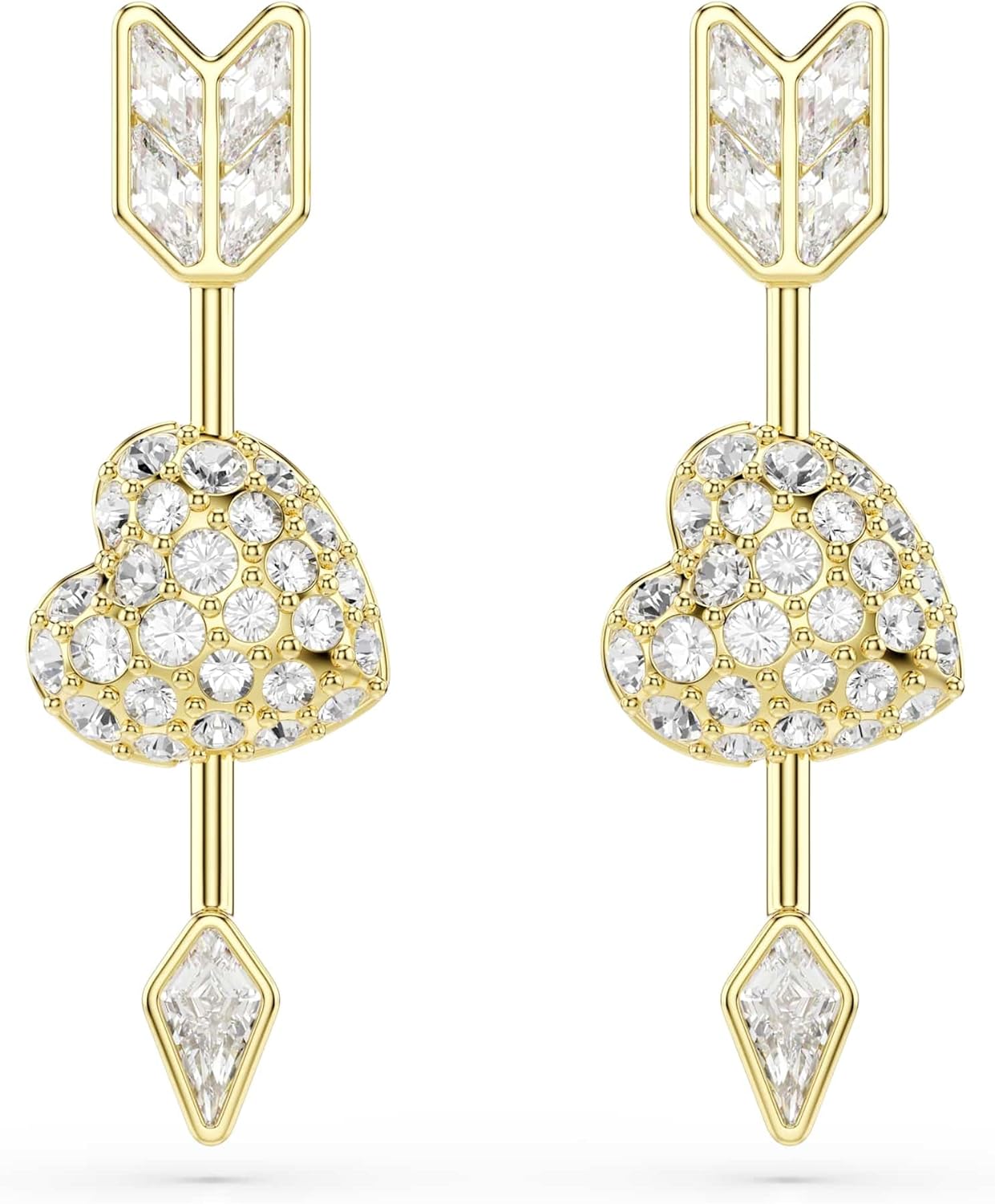 Swarovski Idyllia drop earrings, Mixed cuts, Heart with arrow, White, Gold-tone plated