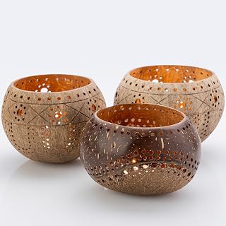 Coconut Shell Tealight Candle Holder: Votive Candle Holders for Centerpiece Table Decorations | Wedding Gift, Housewarming Gift, Wedding Candles, Boho Candles, 3 Packs