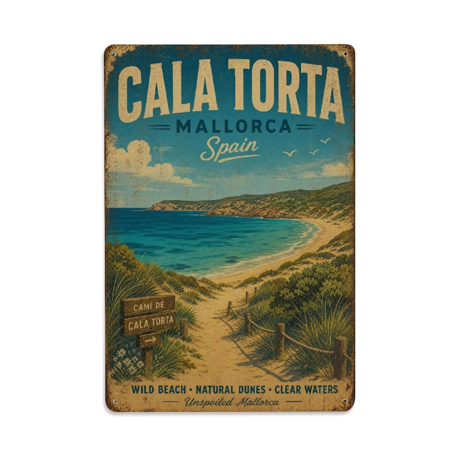 Fyrn Style Metal Tin Sign Vintage Travel Cala Torta Mallorca Wild Beach Dunes Nature