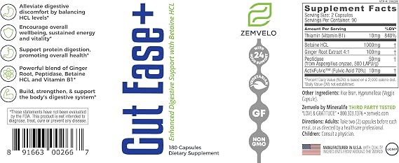 Gut Ease+ Betaine HCl Supplement - Supports Healthy Digestion and Nutrient Absorption - Promotes Balanced HCL Levels with Betaine Hydrochloride - 90 Servings