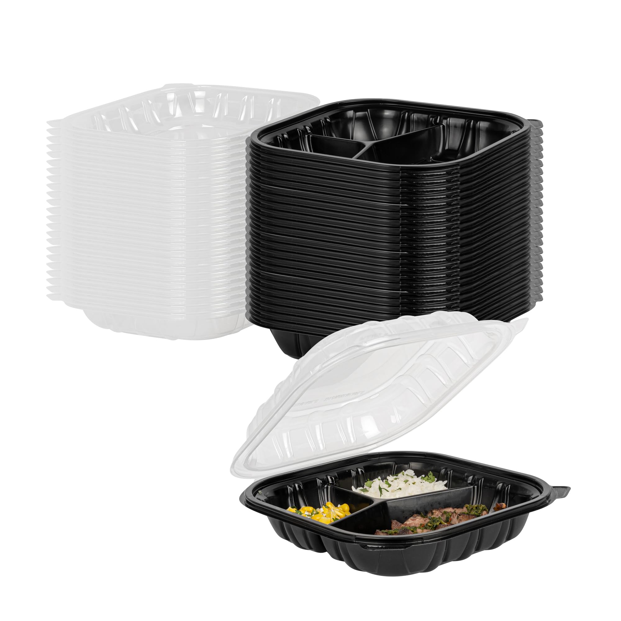 Restaurantware Thermo Tek pojemniki z klapką, 50 jednorazowych pudełek na wynos – 3 przegrody, wentylowane pokrywki, czarne plastikowe pojemniki do przygotowywania posiłków, nadają się do kuchenki