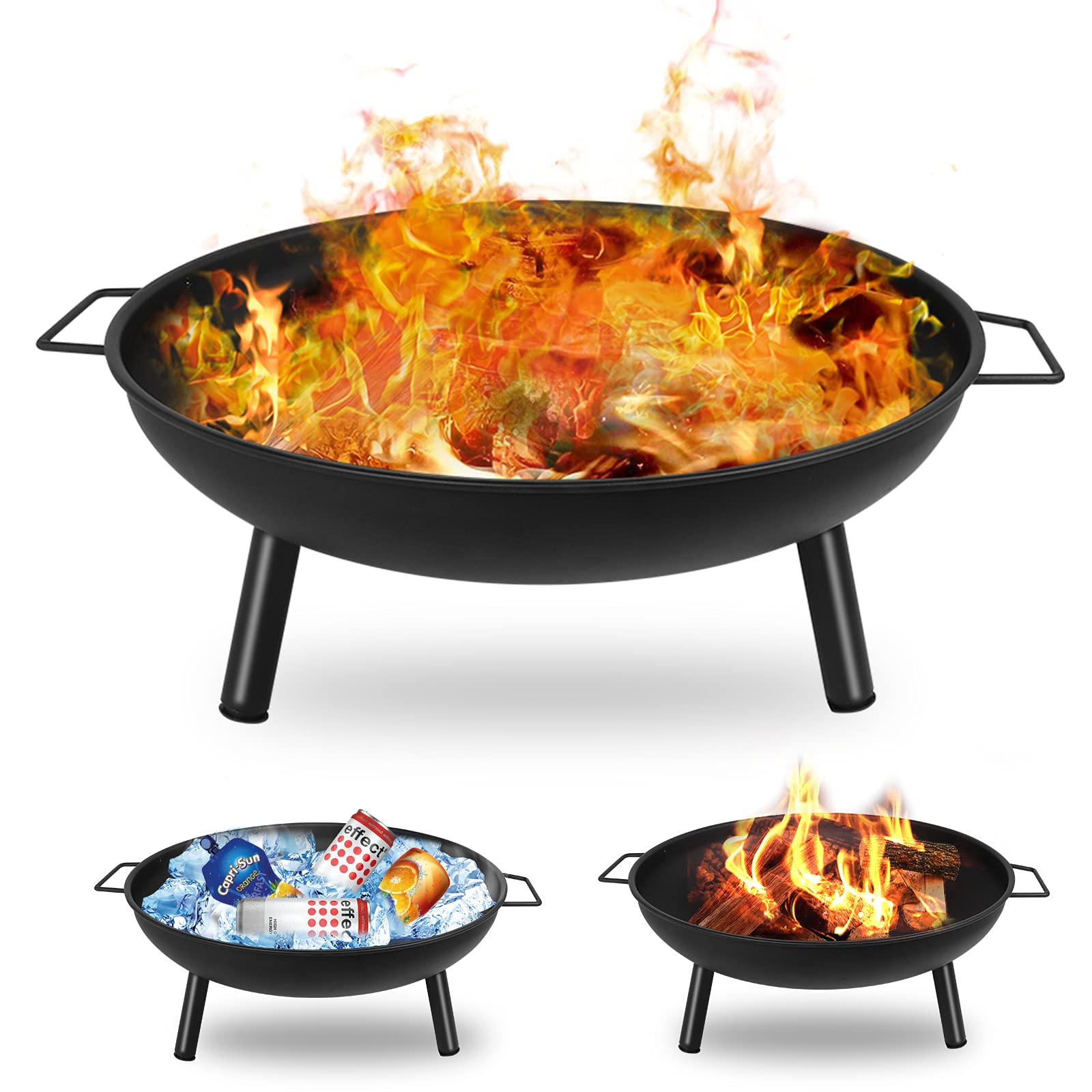 Outdoor Fire Pits for Garden, Large Square BBQ Fire Pit Table with Grill and Uprights Rotisserie, 3 in 1 Table Brazier/Heaters/Ice Pit for Patio Camping Bonfire