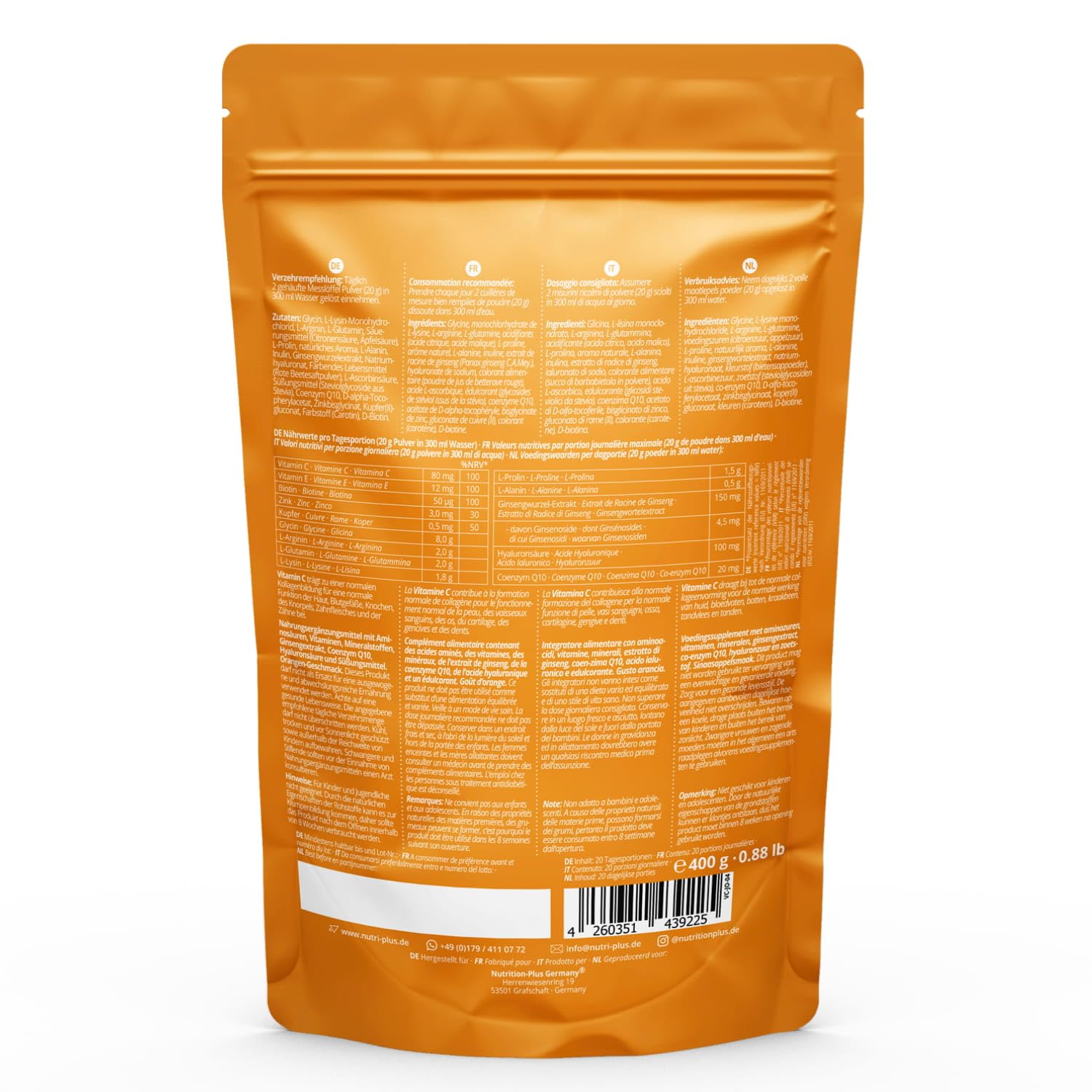 Nutri + Vegan Collagen Formation Support - Polvere Sostegno Formazione Peptidi di Collagene - con Acido ialuronico + Vitamina C per Pelle, Capelli, Unghie - 400 g Arancia