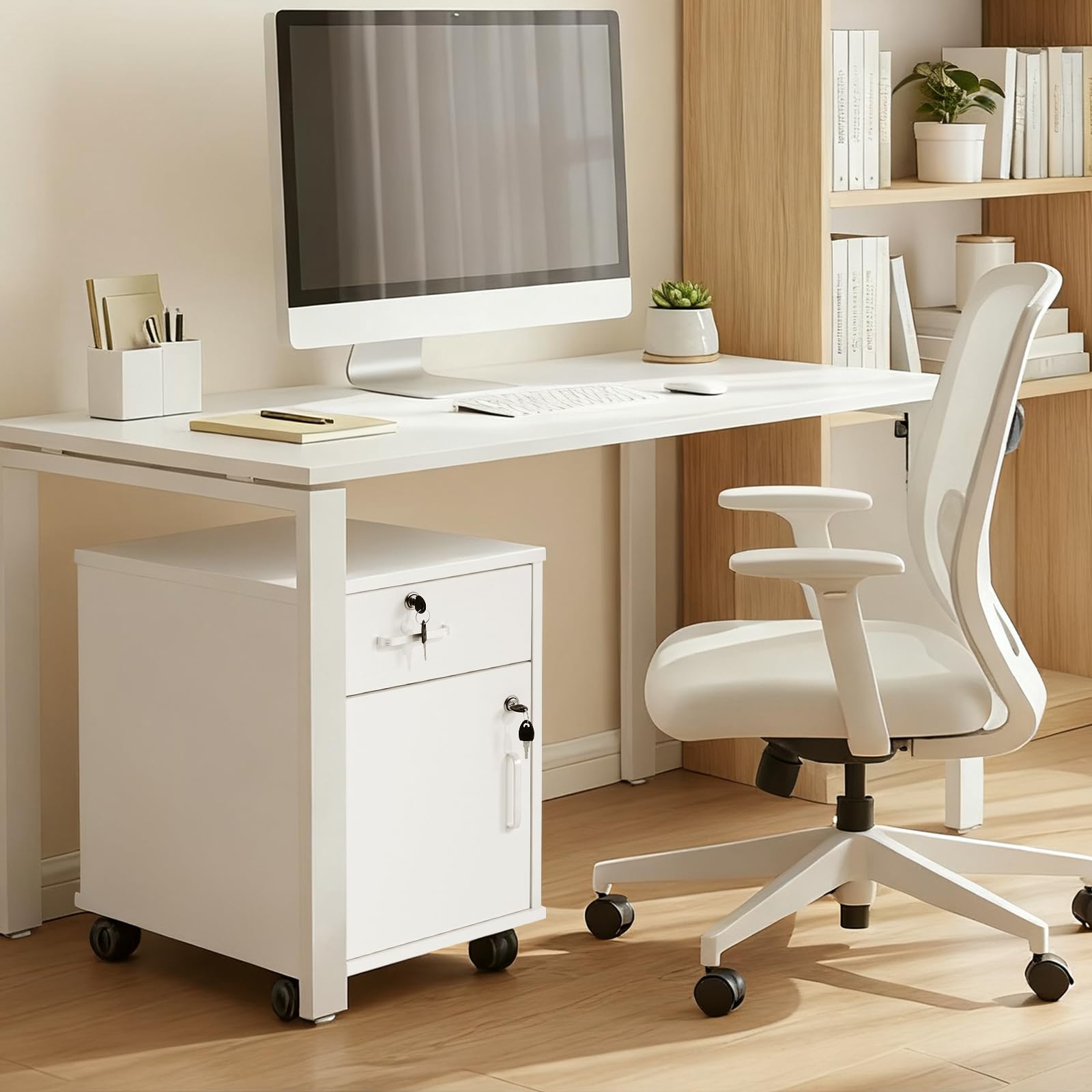 TUKAILAi Caisson de Bureau à roulettes, Meuble de Bureau à 2 tiroirs verrouillable, Caisson de Rangement Mobile, avec roulettes, pour Documents légaux Format A4 (Blanc)