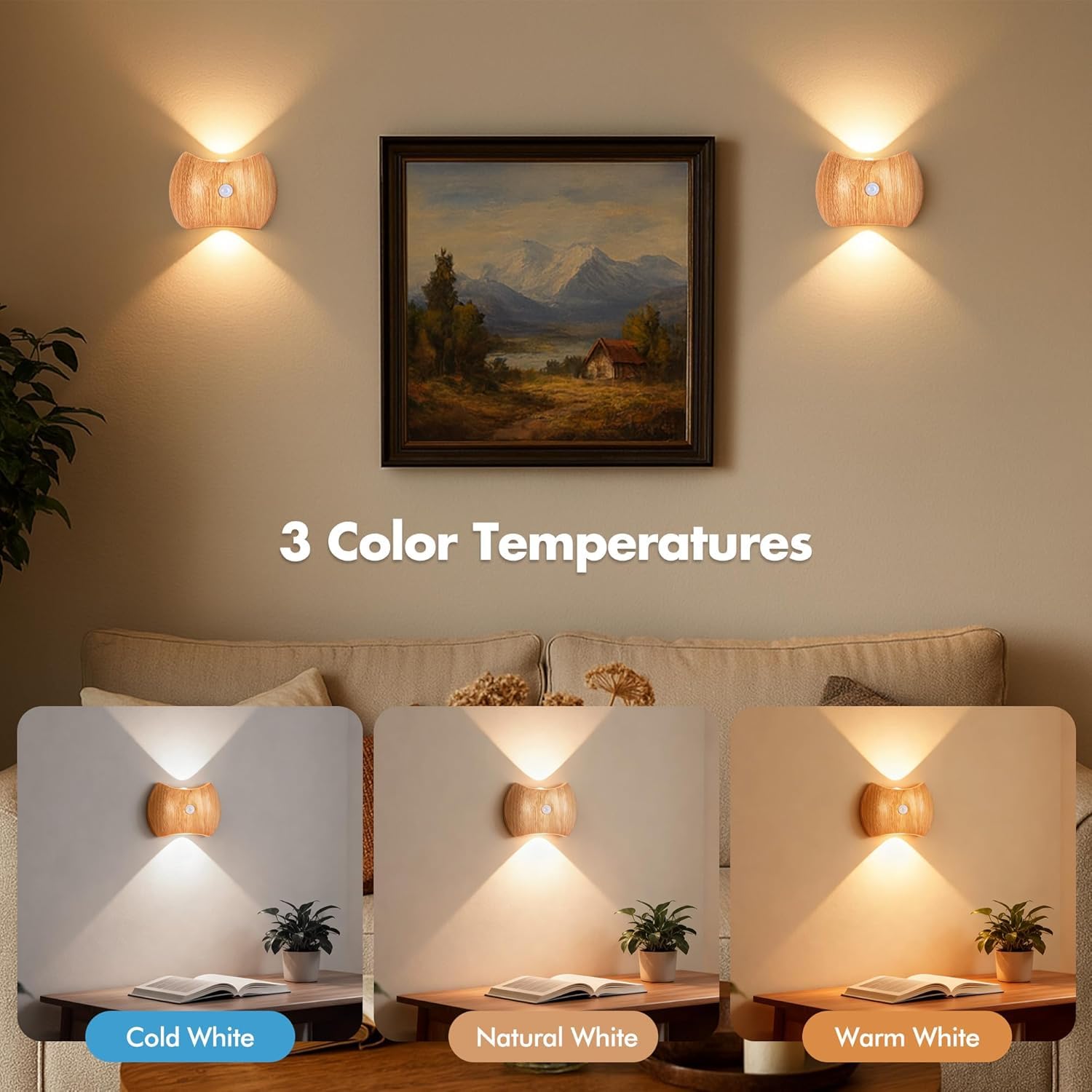 Set di 2 Applique da Parete Ricaricabili per Interni con sensore di Movimento, Senza necessità di Collegamento alla Rete elettrica, Lampada a LED con 3 Colori, luci Verso l'Alto e