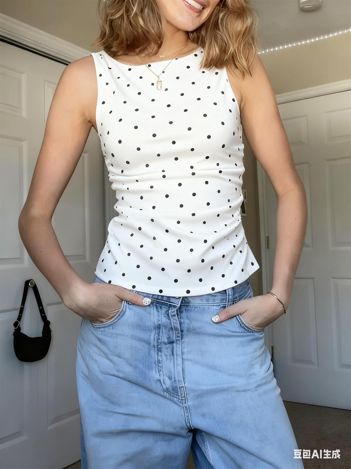 Women Y2k Polka Dots Boat Neck Tank Top Cute Sleeveless Slim Fitted Side Ruched Tie Back Vest Vintage Going Out Top - Image 2