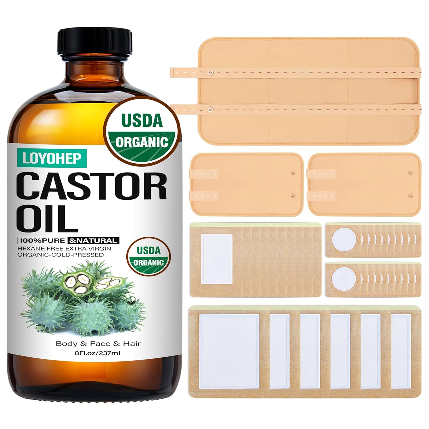 40Pcs Castor Oil Pack Wrap and Disposable Castor Oil Pathes for Belly Button-Stomach-Knee-Feet&Whole Body,with Organic Castor oil Cold Pressed Unrefined Glass Bottle,castor oil for Hair Growth