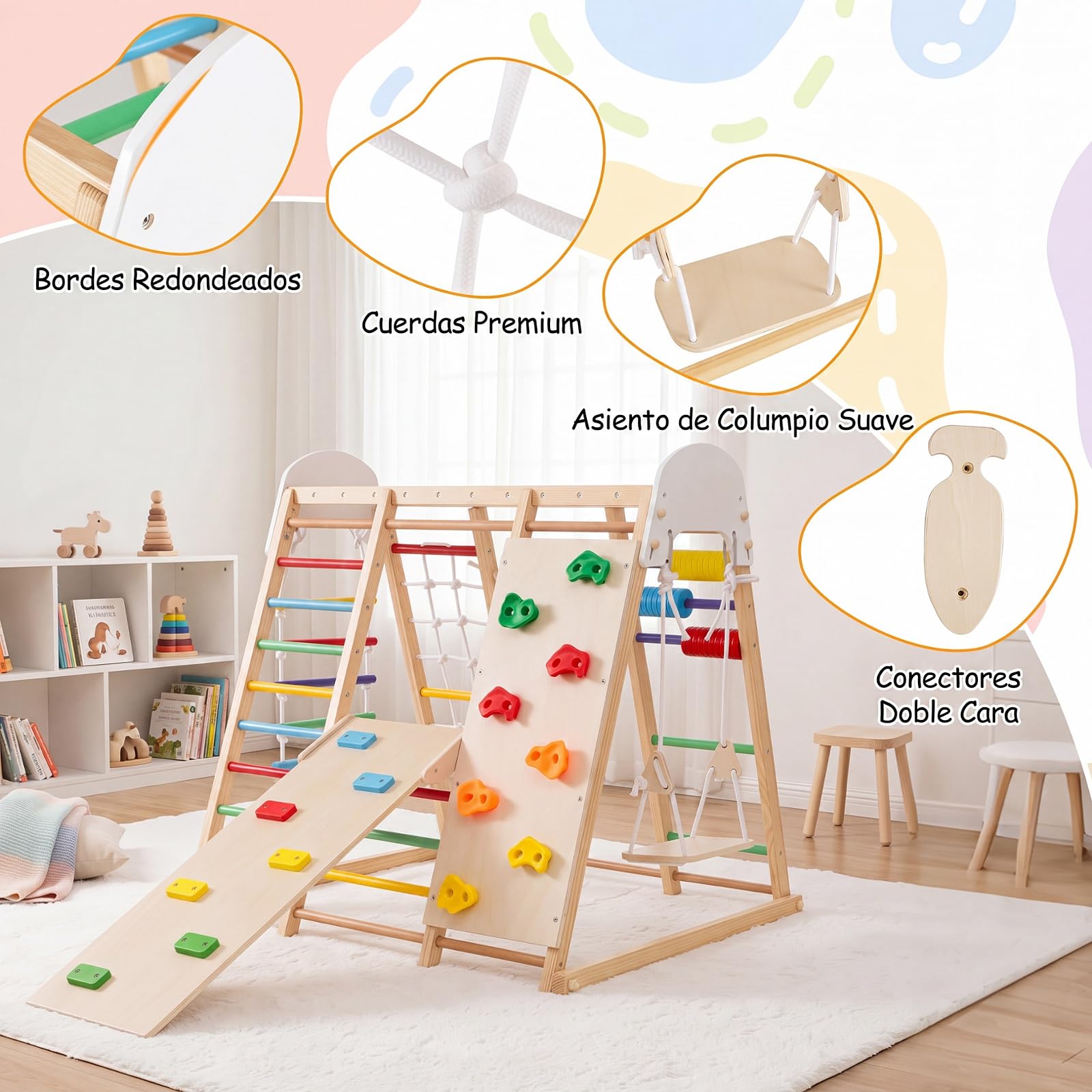 COSTWAY 8 en 1 Estructura de Escalada para Niños,Madera Maciza (Multicolor) | Juego de Escalada Montessori con Pared de Escalada, Barras de Mono y Columpio para Habitación Infantil Sala de Juego