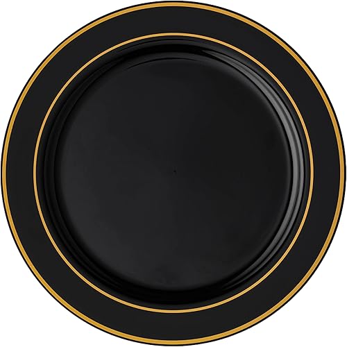 Miniatura 3 de Smarty Had A Party Juego de vajilla de plástico, paquete de 80 unidades, color negro con borde dorado, platos dorados desechables de 10.25 pulgadas,