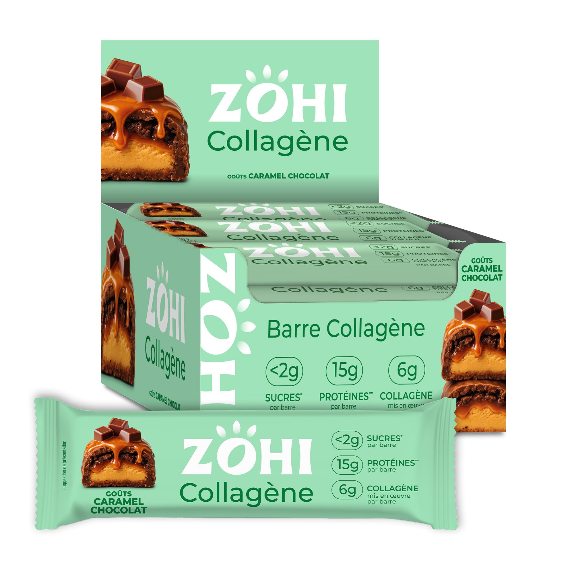 ZOHI - Barre avec Collagène saveur Chocolat et Caramel - Riche en Protéines et Moins de 2g de Sucres - Enrobée de Chocolat au Lait et Billettes Croustillantes - 50g (Pack de 12)