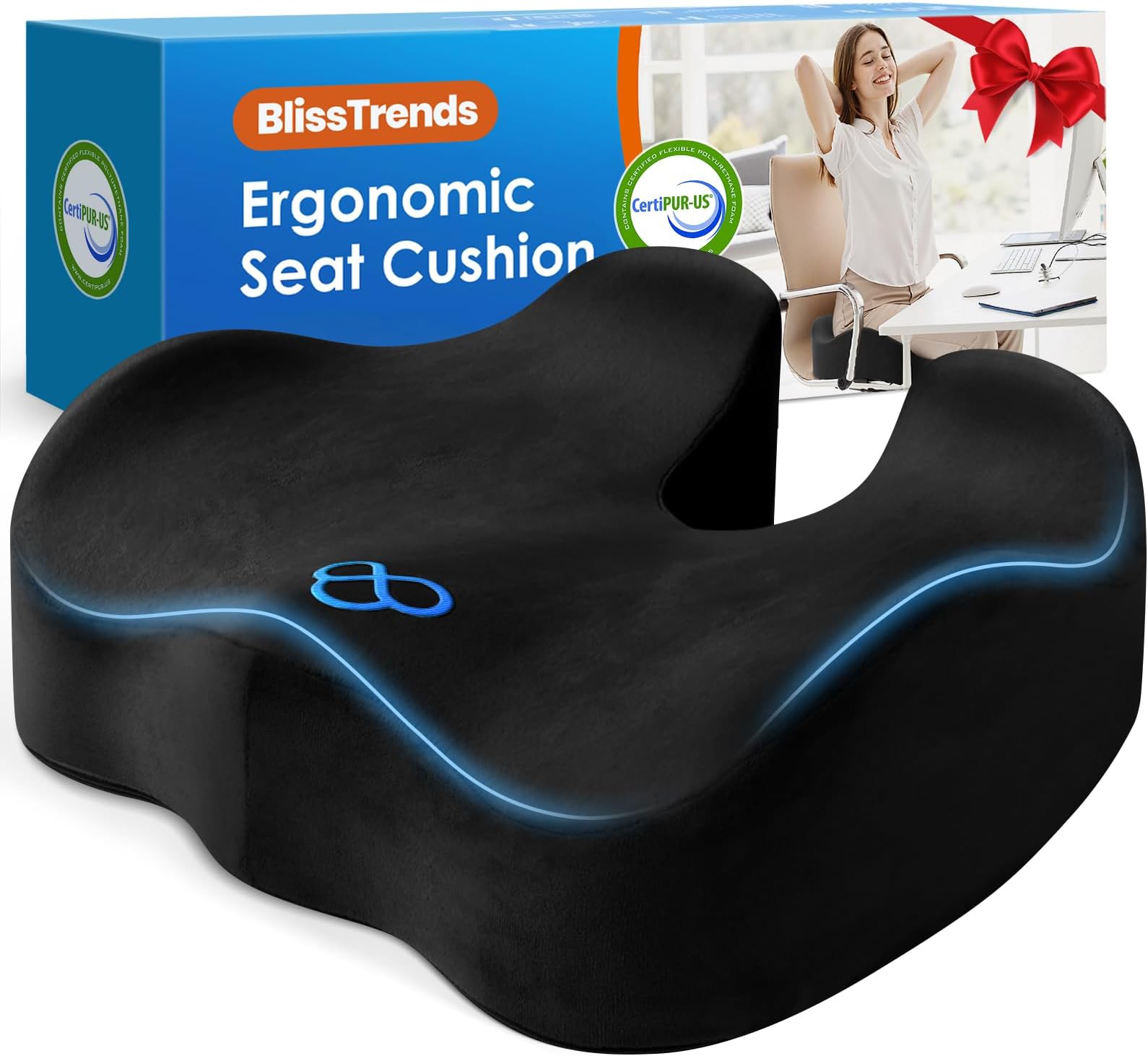 BlissTrends Seat Cushion with Velvet Cover, Thick Memory Foam Cushions for Office Chair, Car Seat, Airplane, Relieving Pressure Tailbone Sciatica Back Pain for Long Sitting, Car Drivers 4.7in Black