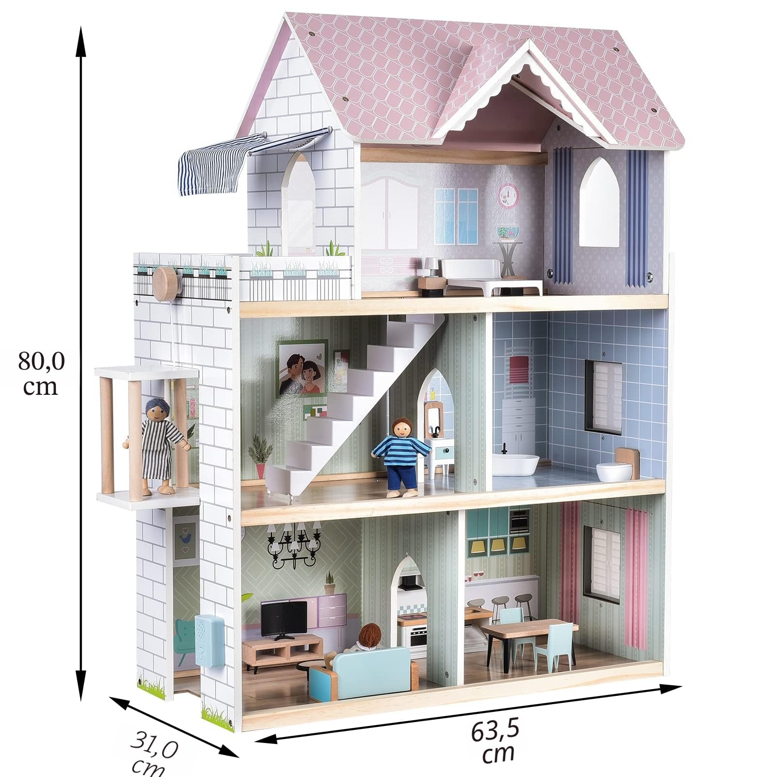 Giant Bean Casa de Muñecas Madera, 80 cm Casa Muñecas Madera de Altura con Elevador, Timbre, Luz, 15 Muebles y 3 Muñecas, Regalo de Juguete para Niñas de 3 Años +