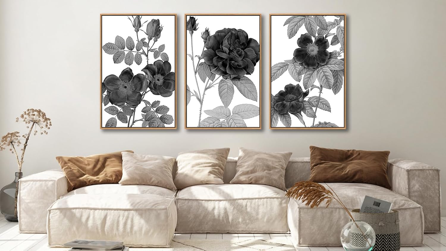Large Framed Canvas Wall Art - Natural Float Framed Black Gray Flowers Pictures Decor Simple Blossom Leaves Botanical Artwork for Living Room Bedroom Kitchen Home Office Decoration 72" X 36" Set of 3